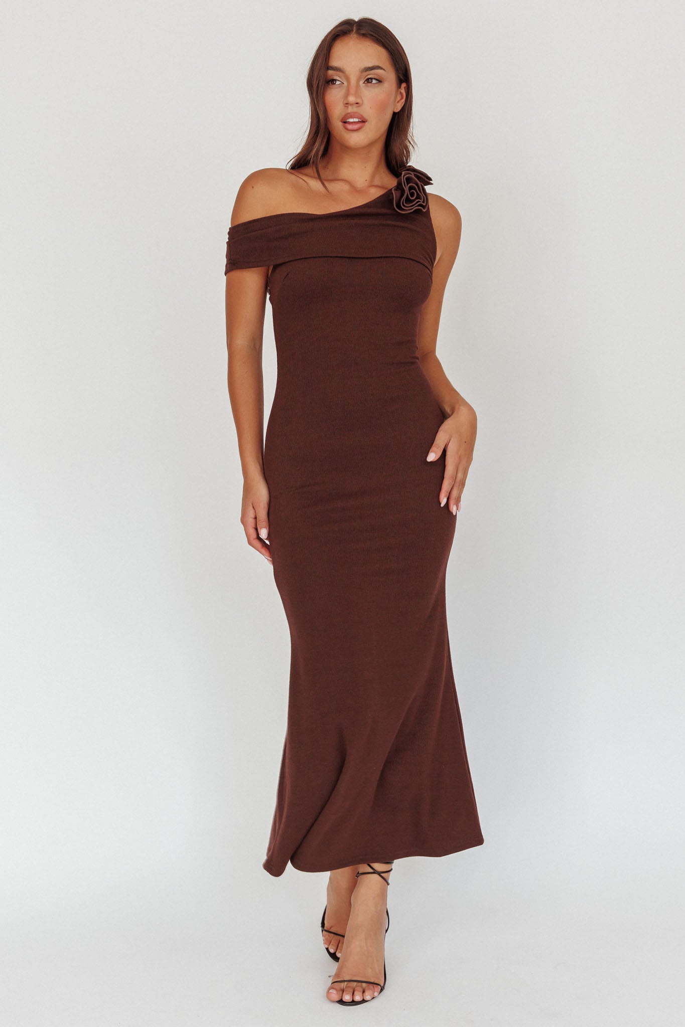 Mazon One-Shoulder Knit Maxi Dress Chocolate by Selfie Leslie