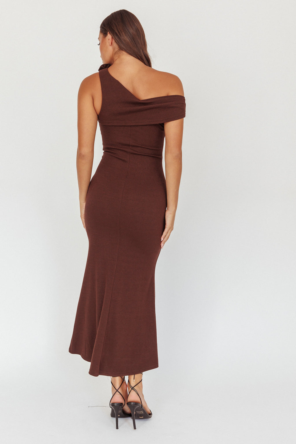 Mazon One-Shoulder Knit Maxi Dress Chocolate by Selfie Leslie