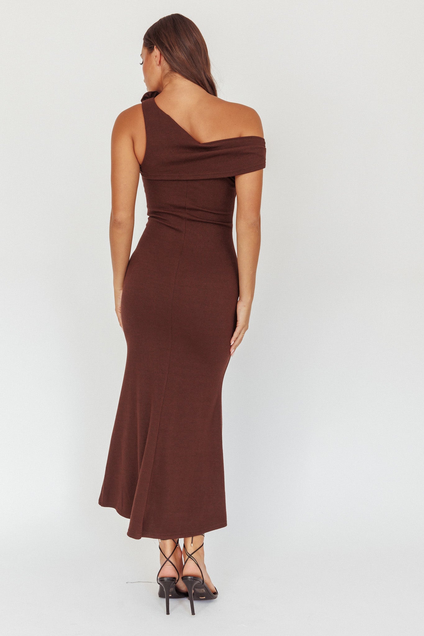 Mazon One-Shoulder Knit Maxi Dress Chocolate by Selfie Leslie