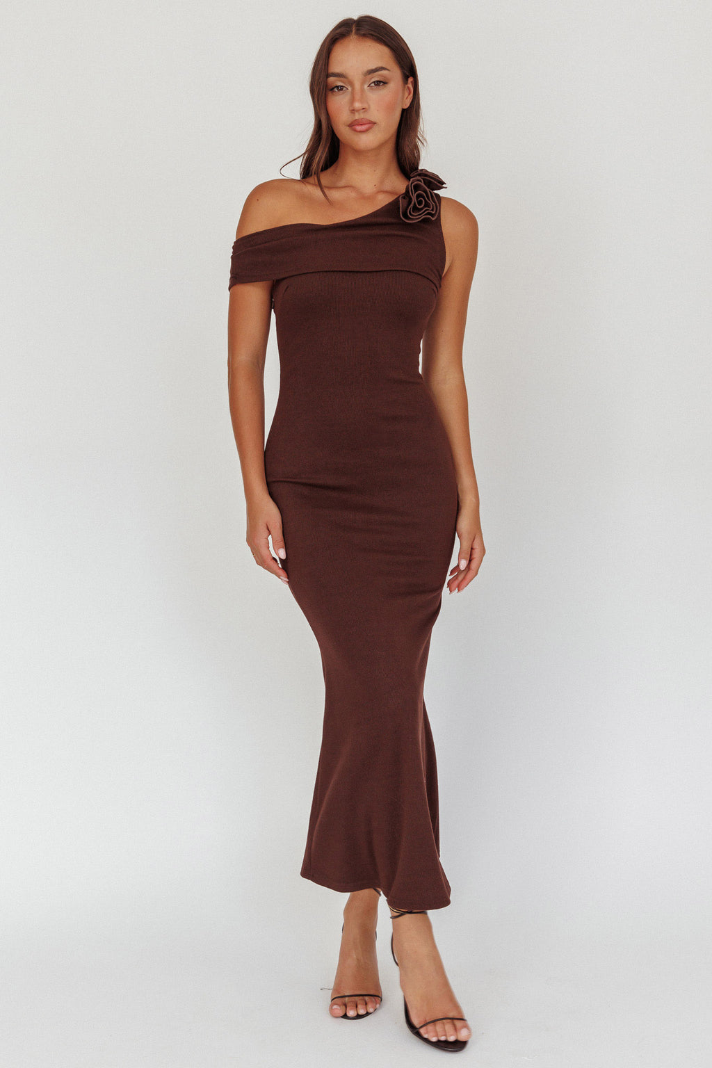 Mazon One-Shoulder Knit Maxi Dress Chocolate by Selfie Leslie