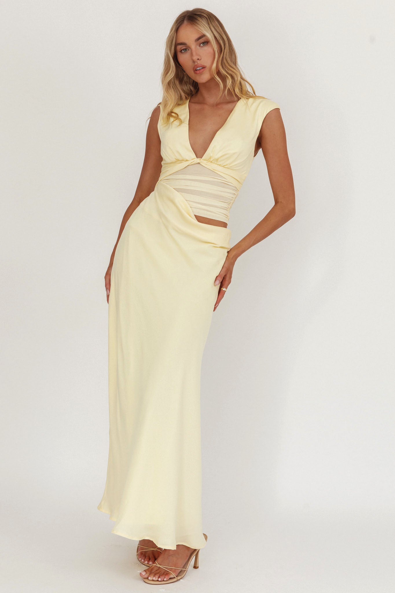 Sun Gaze Sheer Ruched Waist Maxi Dress Butter by Selfie Leslie