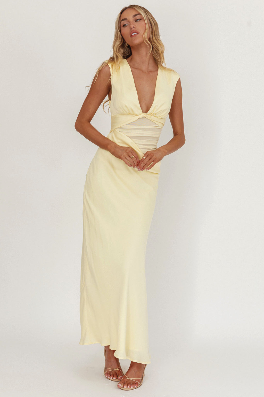 Sun Gaze Sheer Ruched Waist Maxi Dress Butter by Selfie Leslie