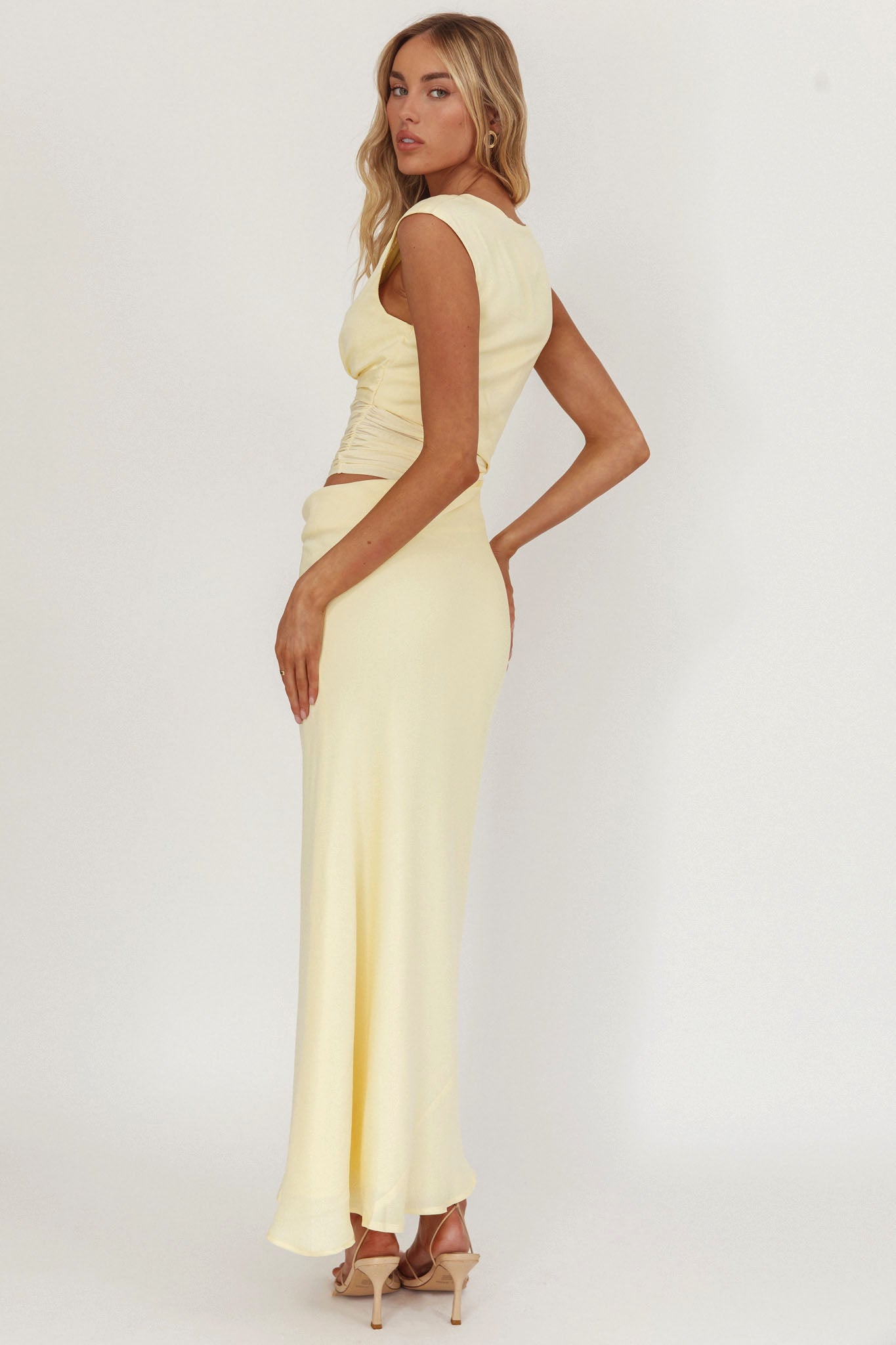chinese dress ladies Larissa Satin Maxi Dress with Ruched Petals / Lemon | Meshki chinese dress ladies Larissa Satin Maxi Dress with Ruched Petals / Lemon | Meshki