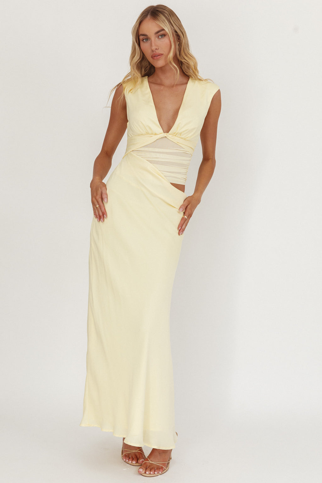 Sun Gaze Sheer Ruched Waist Maxi Dress Butter by Selfie Leslie