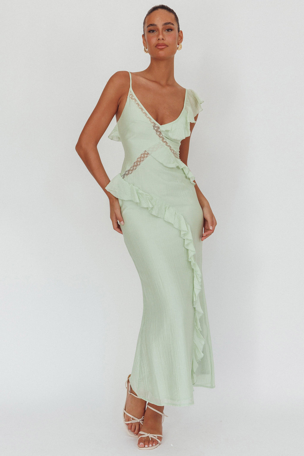 La Estrella Ruffle And Lace Trim Maxi Dress Sage by Selfie Leslie