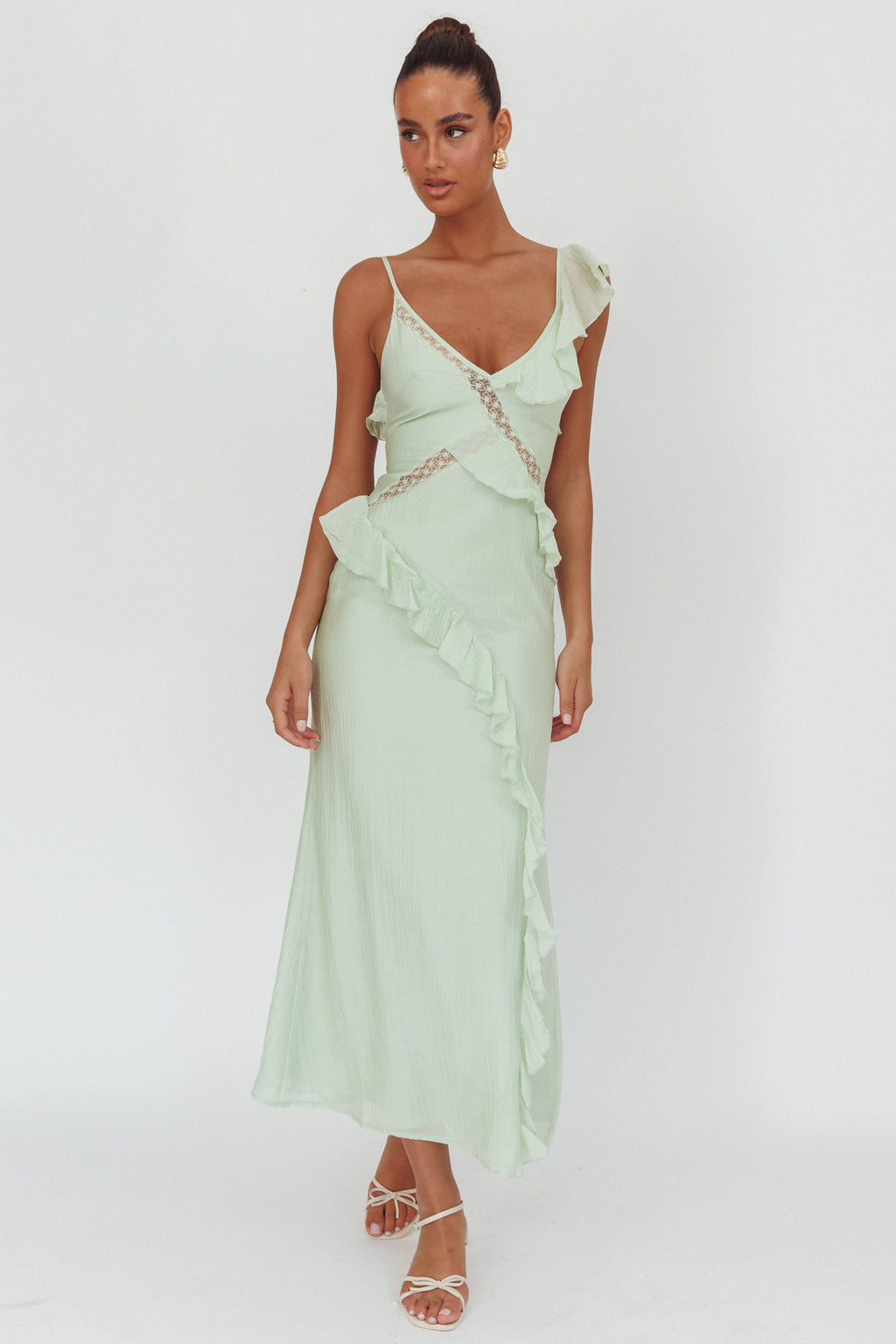 La Estrella Ruffle And Lace Trim Maxi Dress Sage by Selfie Leslie