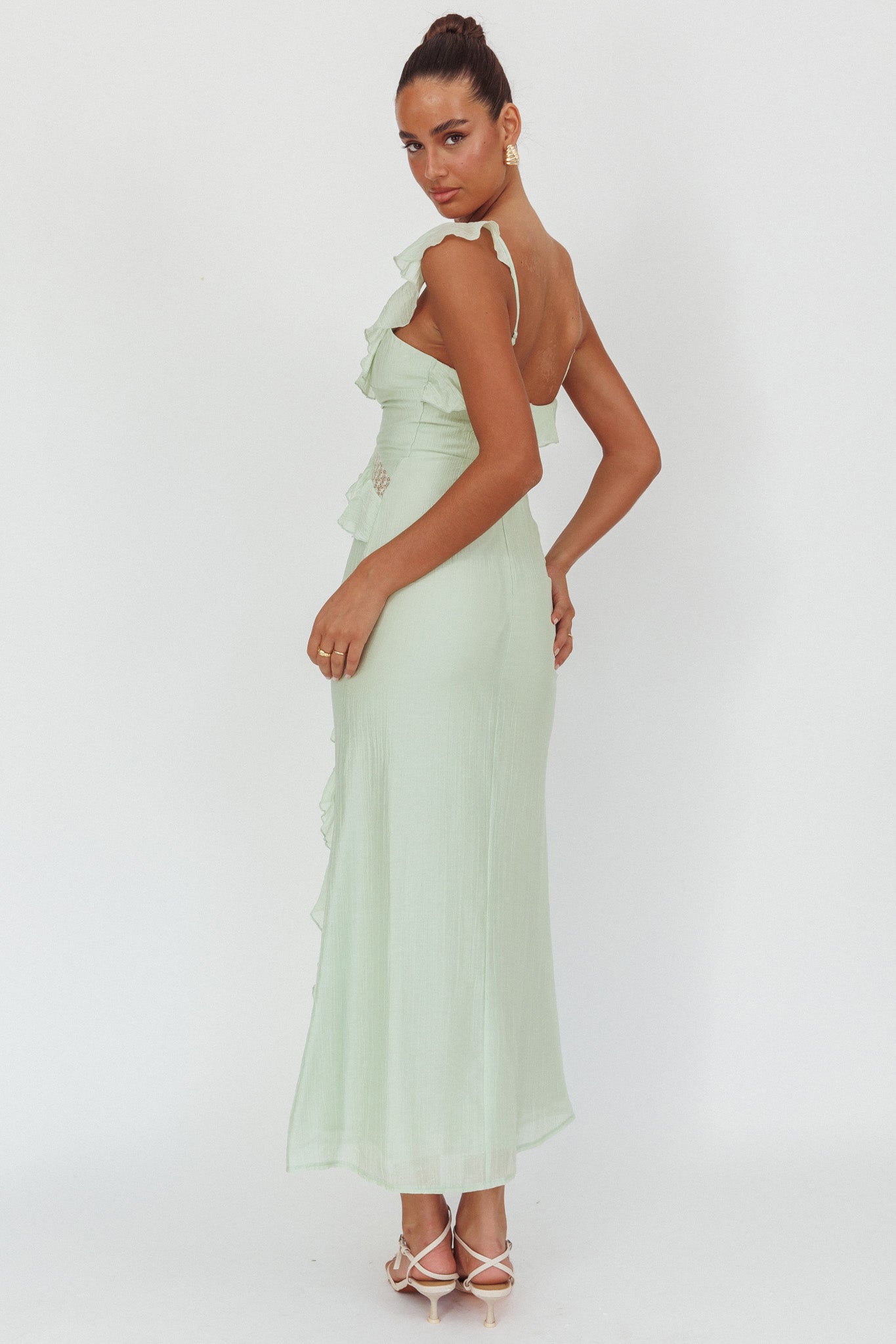 estrella maxi dress La Estrella Ruffle And Lace Trim Maxi Dress Sage