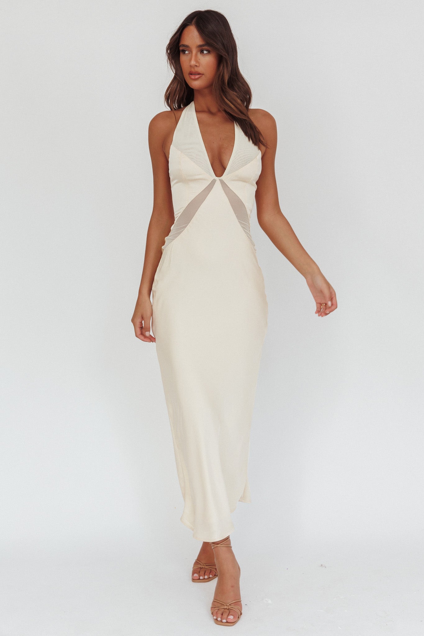 Kasi Sheer Panel Halter Maxi Dress Butter XL