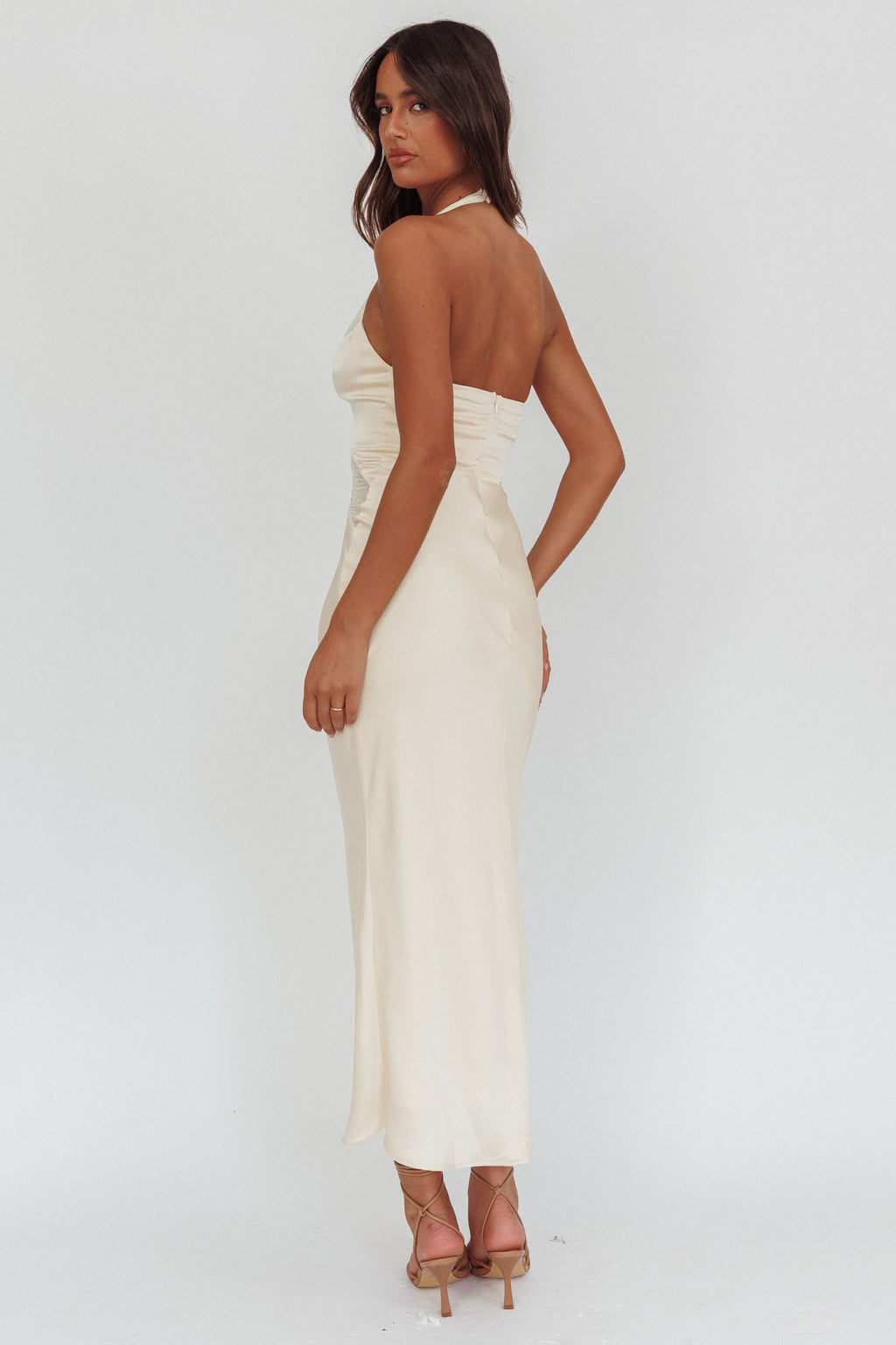 Kasi Sheer Panel Halter Maxi Dress Butter by Selfie Leslie