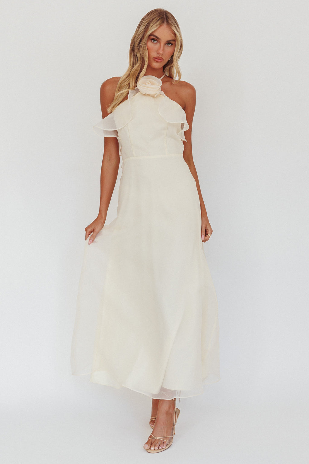 Cordially Invited Ruffle Neckline Rosette Maxi Vanilla by Selfie Leslie