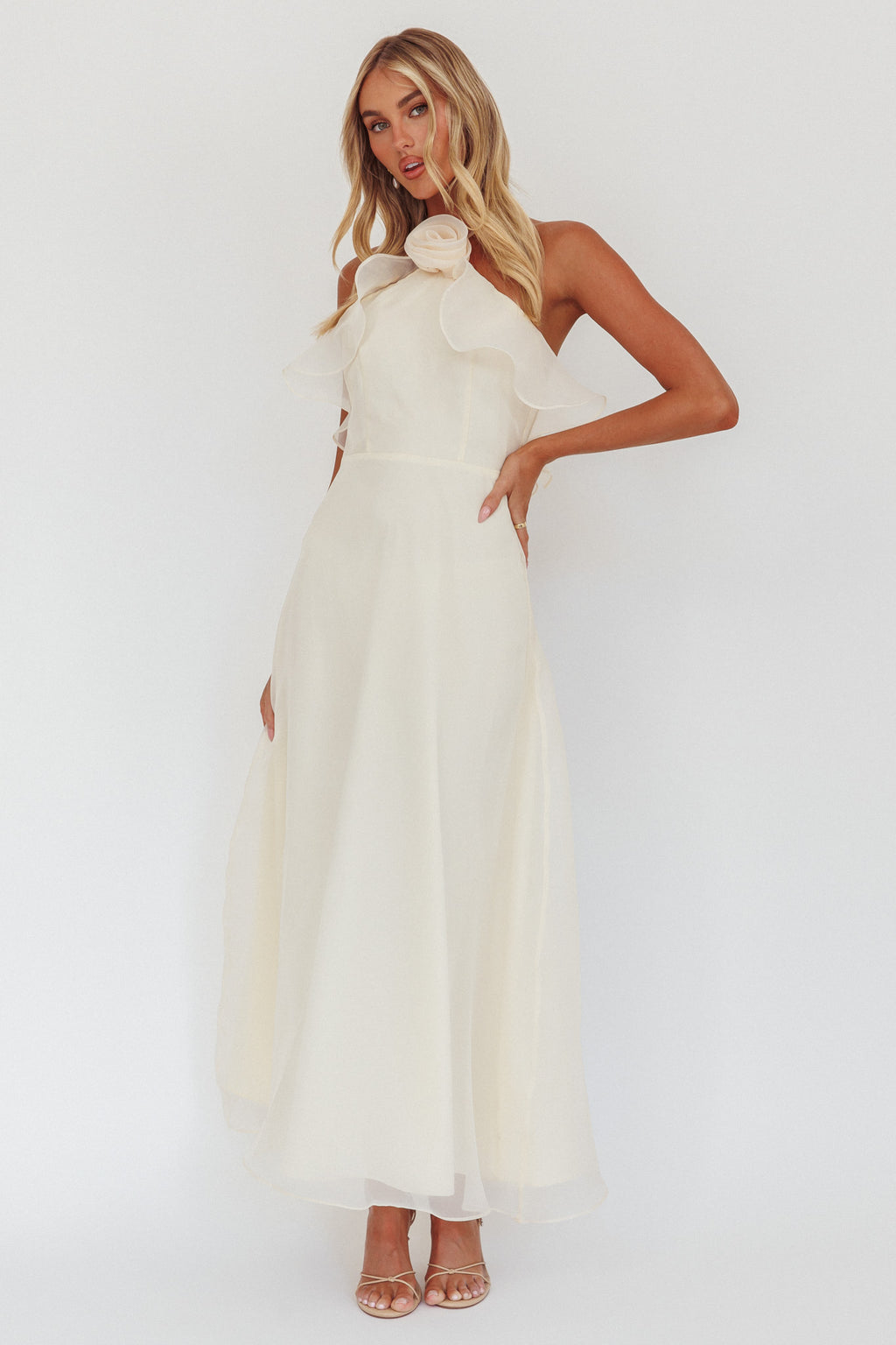 Cordially Invited Ruffle Neckline Rosette Maxi Vanilla by Selfie Leslie