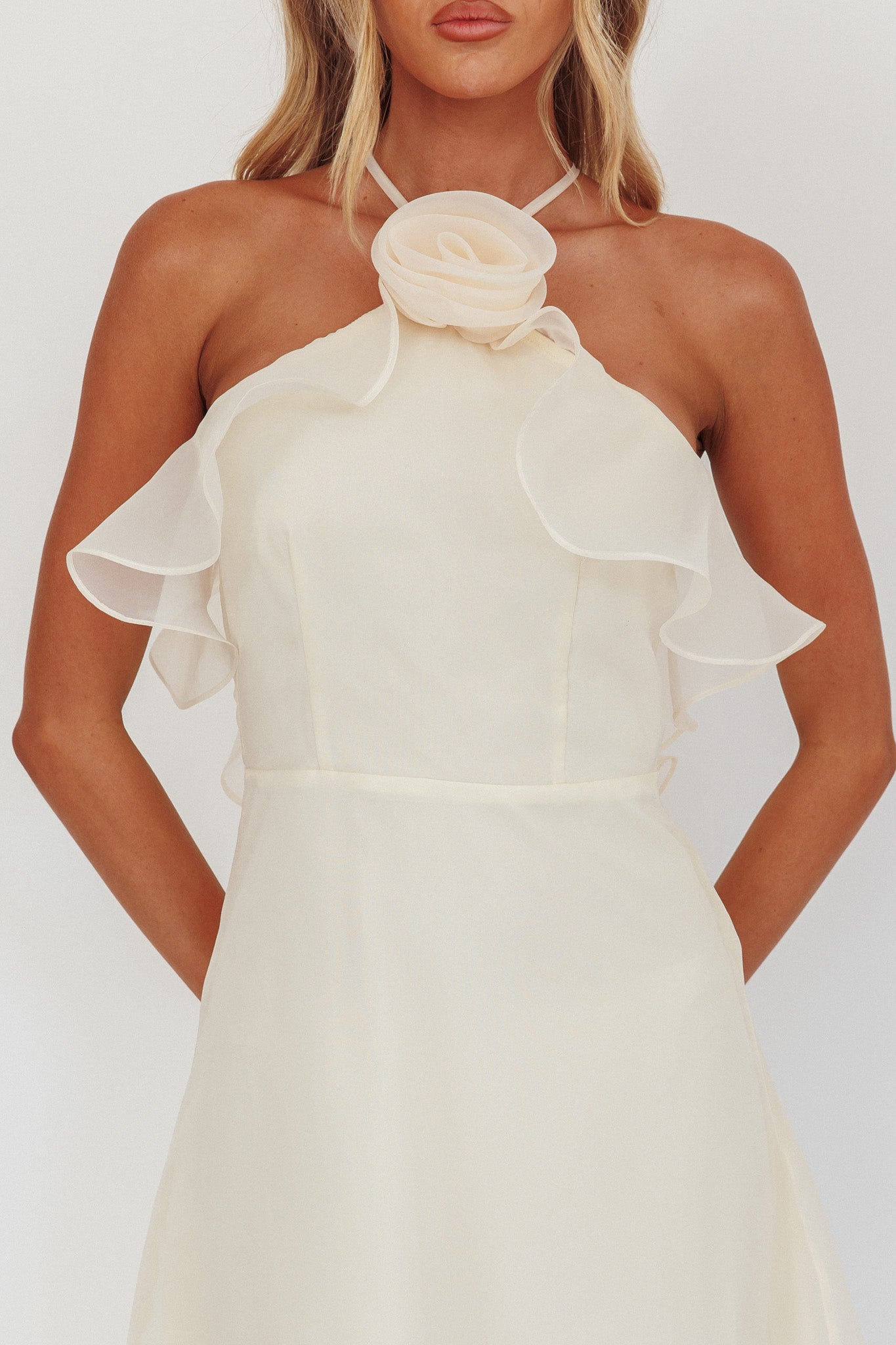 Cordially Invited Ruffle Neckline Rosette Maxi Vanilla by Selfie Leslie