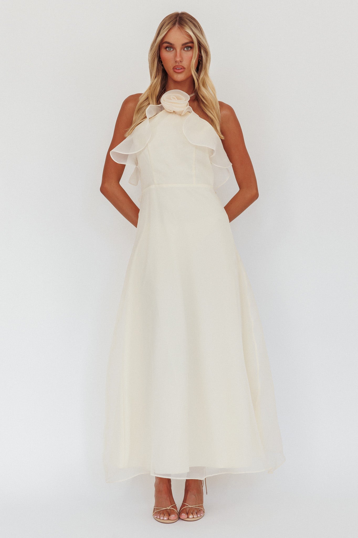 Cordially Invited Ruffle Neckline Rosette Maxi Vanilla by Selfie Leslie