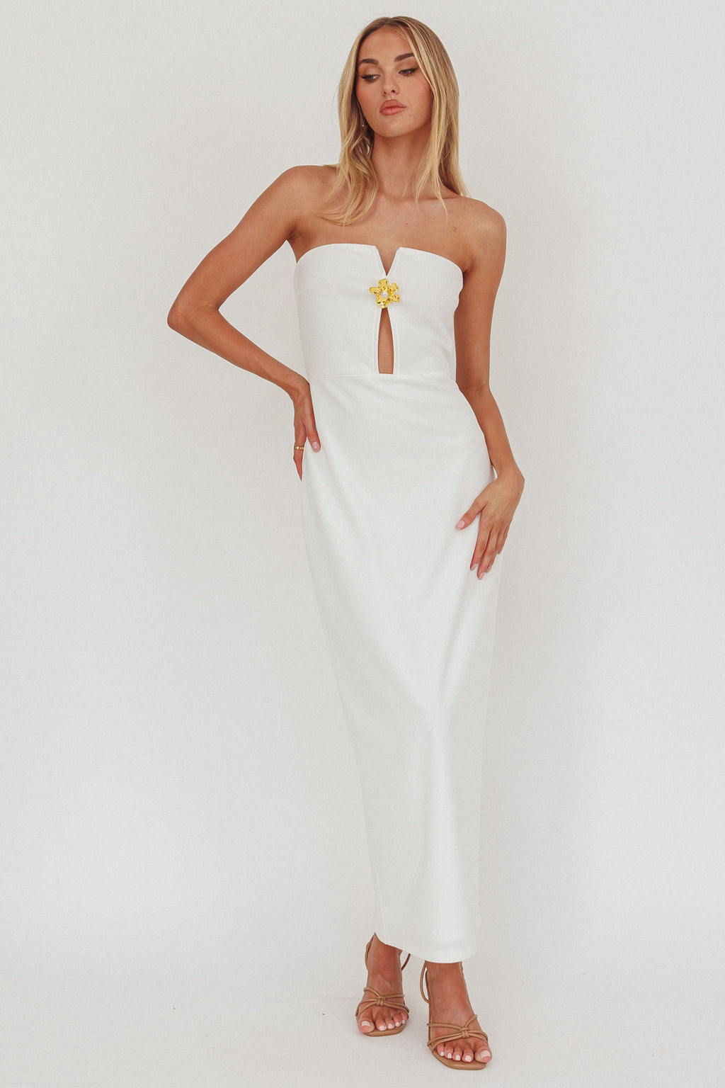 Sonrisa Strapless Cut-Out Maxi Dress White by Selfie Leslie