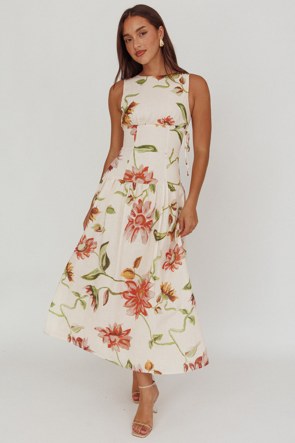 Audraya Drop Waist Maxi Dress Floral Beige by Selfie Leslie