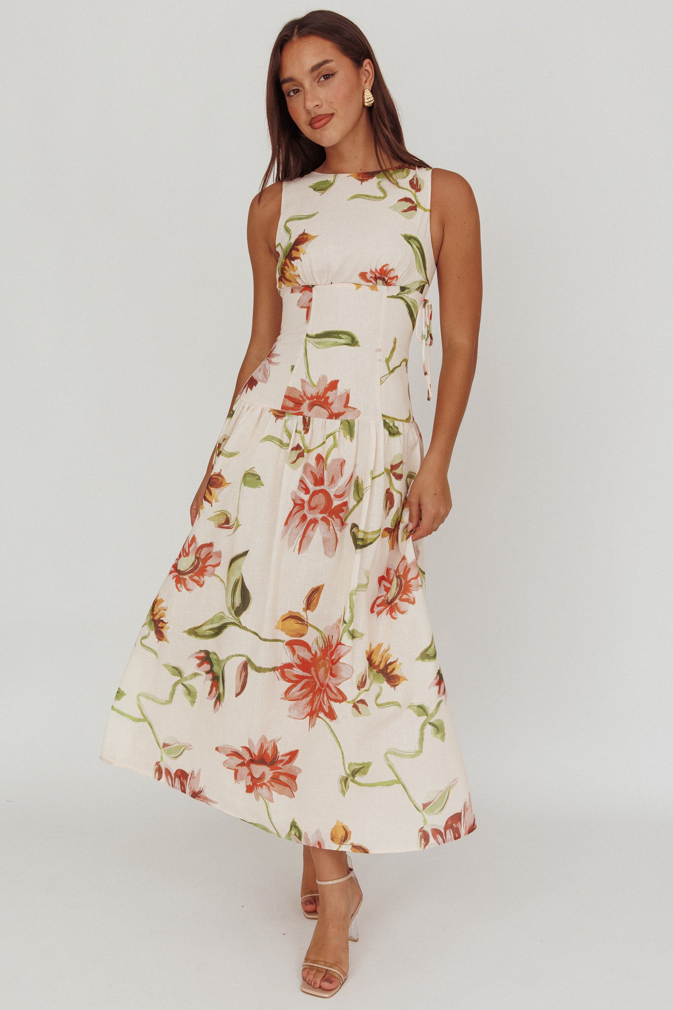 Audraya Drop Waist Maxi Dress Floral Beige by Selfie Leslie