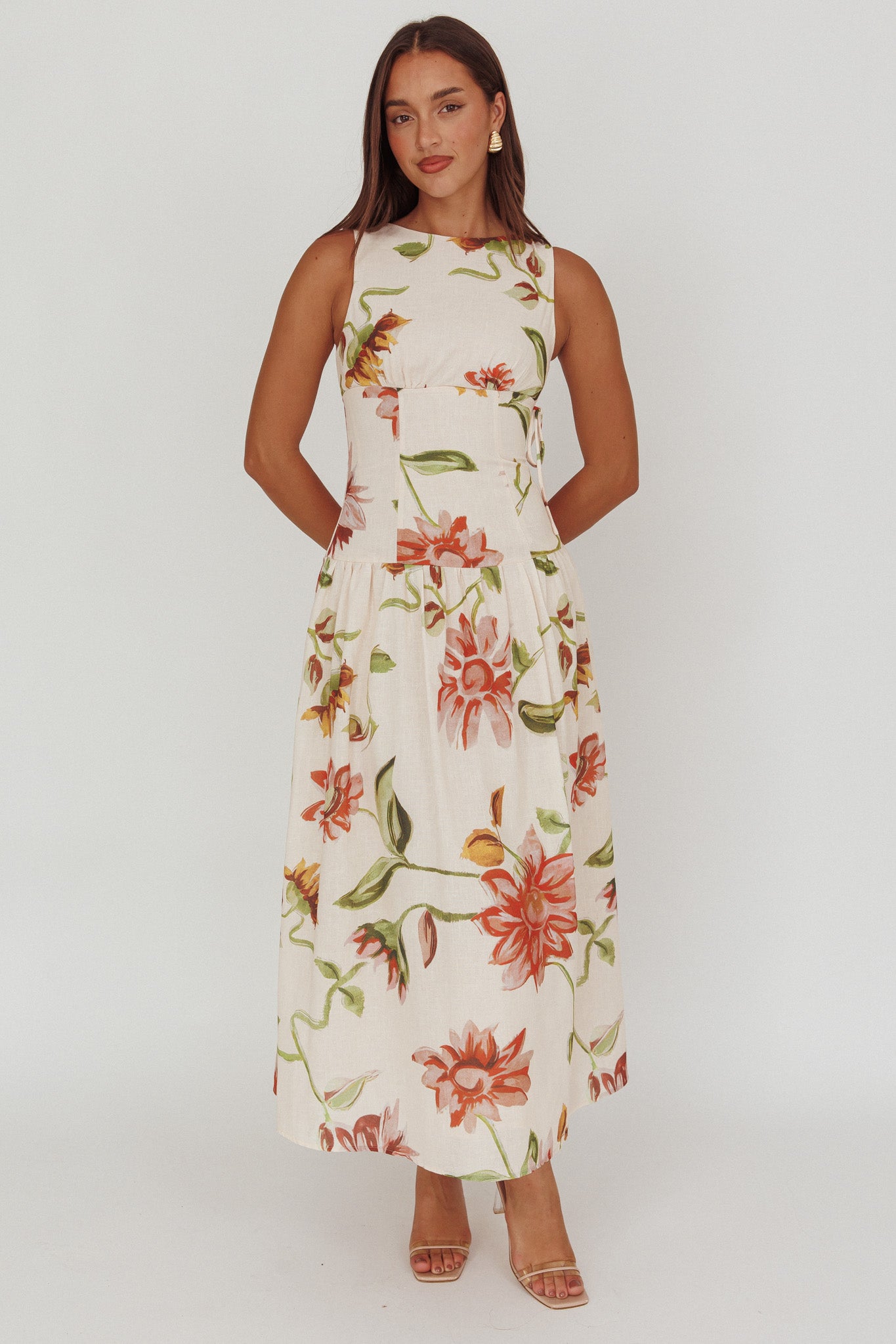 Audraya Drop Waist Maxi Dress Floral Beige by Selfie Leslie