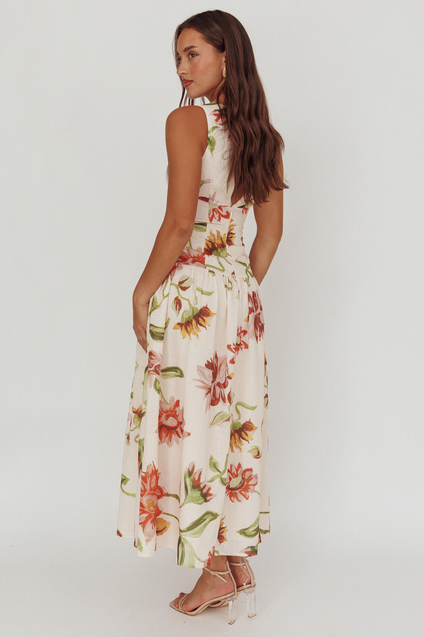 Audraya Drop Waist Maxi Dress Floral Beige by Selfie Leslie