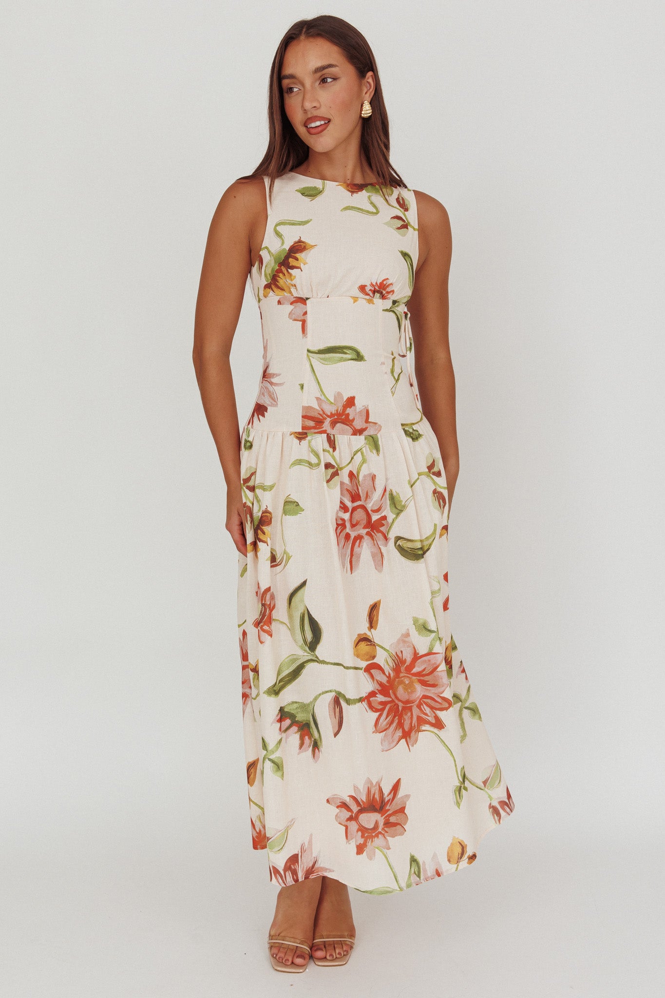 Audraya Drop Waist Maxi Dress Floral Beige by Selfie Leslie