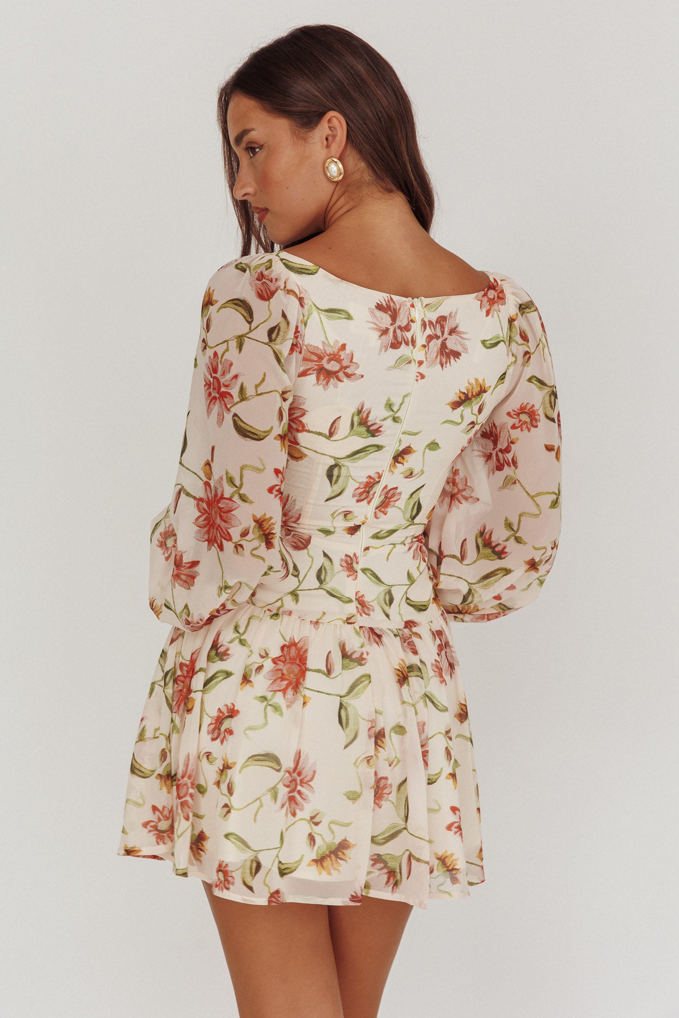Lucky One Balloon Sleeve Mini Dress Floral Beige by Selfie Leslie