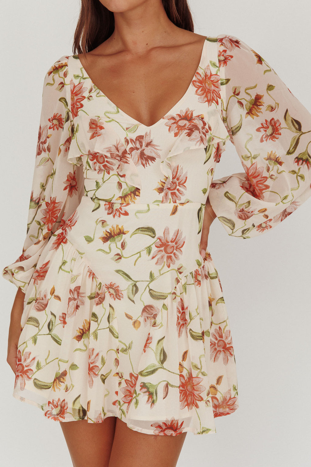 Lucky One Balloon Sleeve Mini Dress Floral Beige by Selfie Leslie