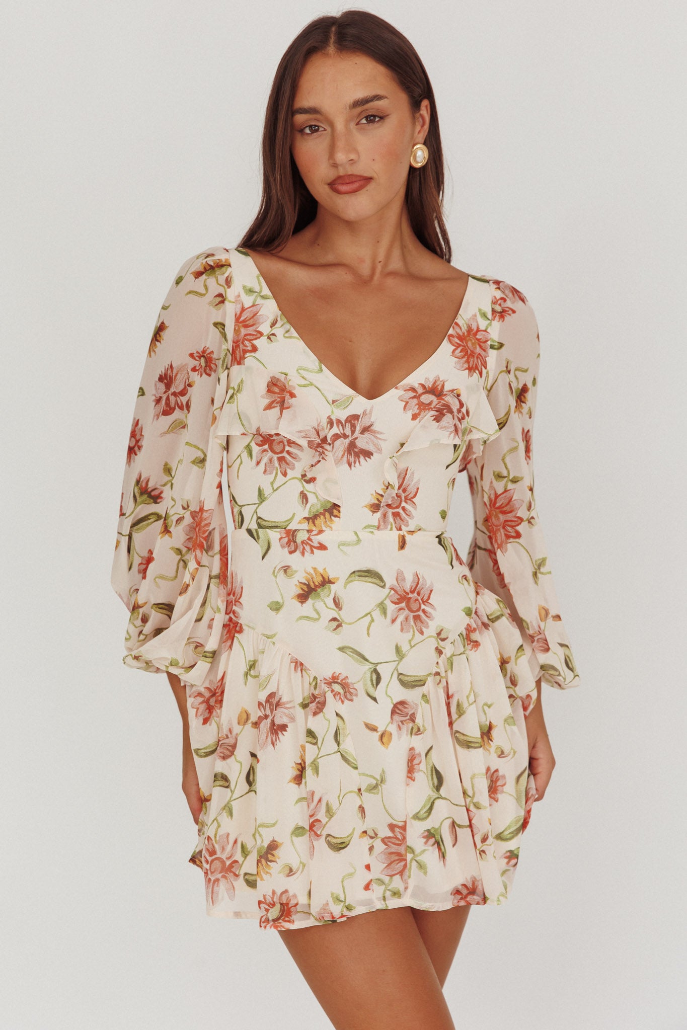 Lucky One Balloon Sleeve Mini Dress Floral Beige by Selfie Leslie