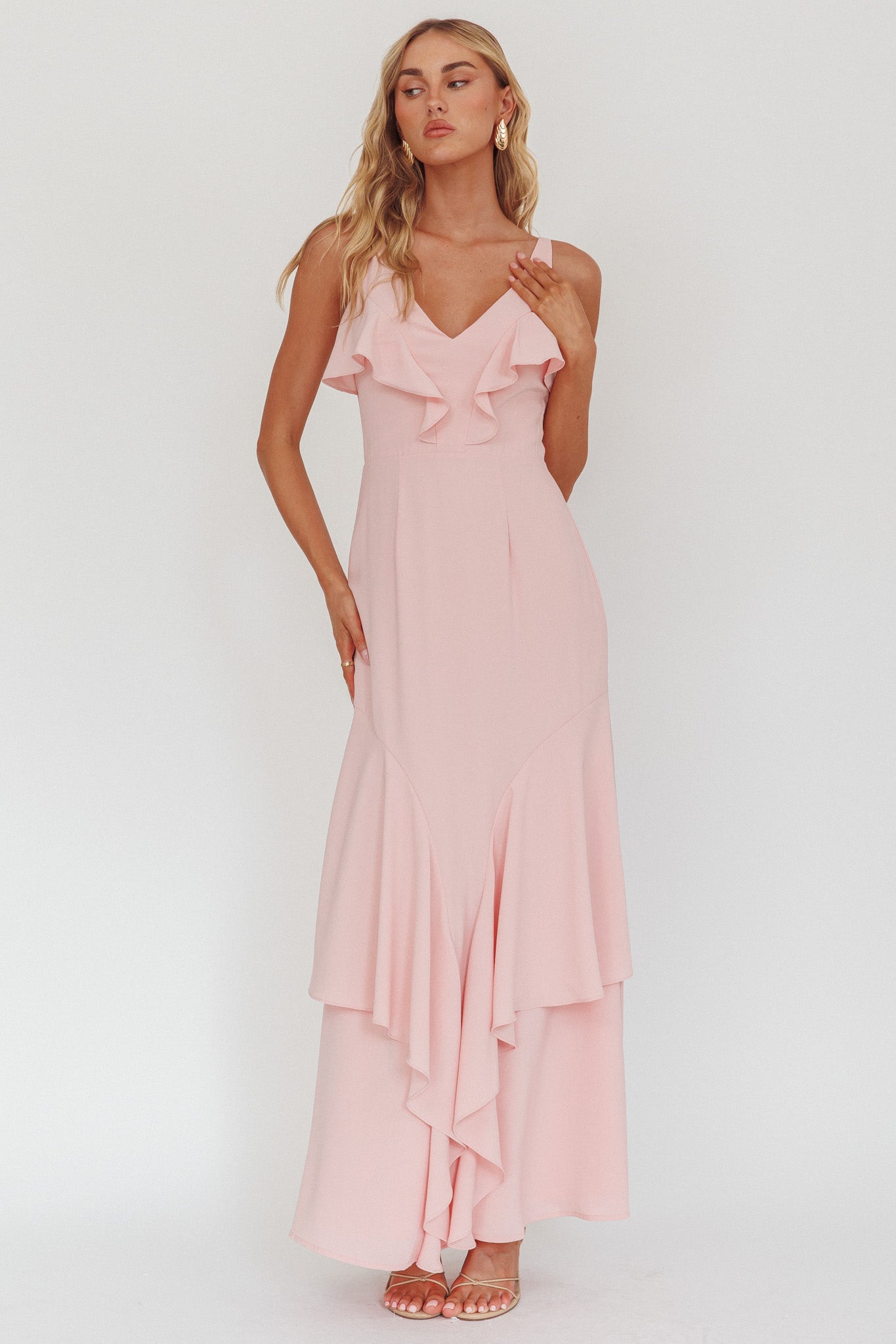 Firelights Ruffle Trim Maxi Dress Pink by Selfie Leslie