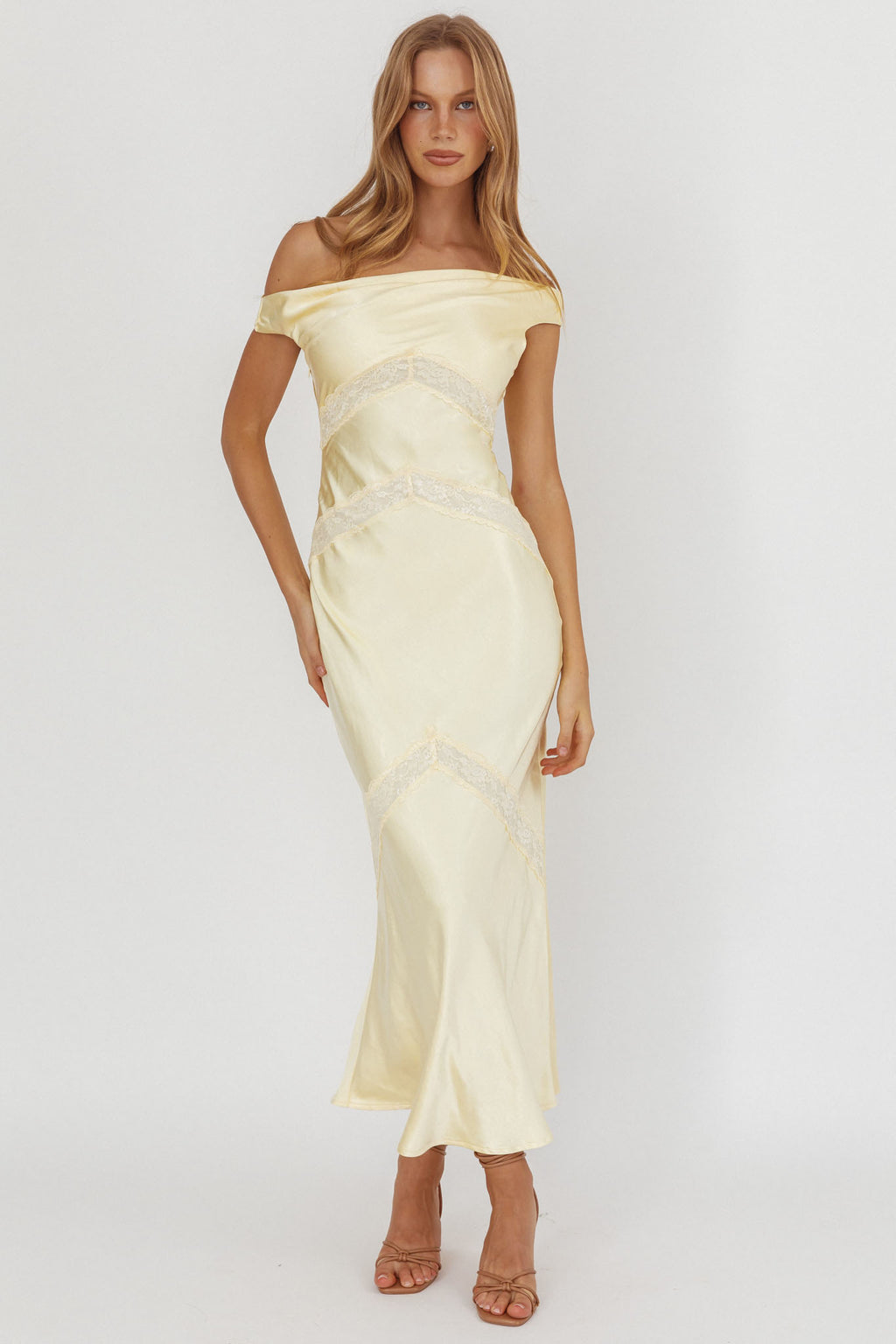 Revelation Off-Shoulder Lace Trim Maxi Dress Butter by Selfie Leslie