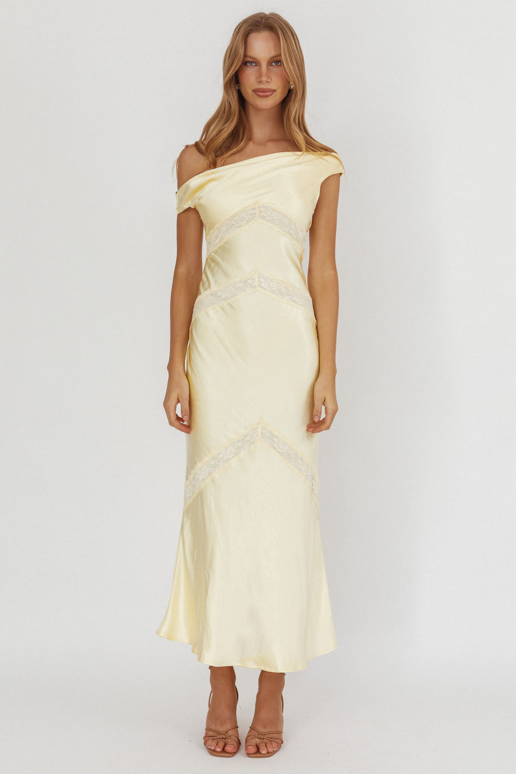 Revelation Off-Shoulder Lace Trim Maxi Dress Butter by Selfie Leslie