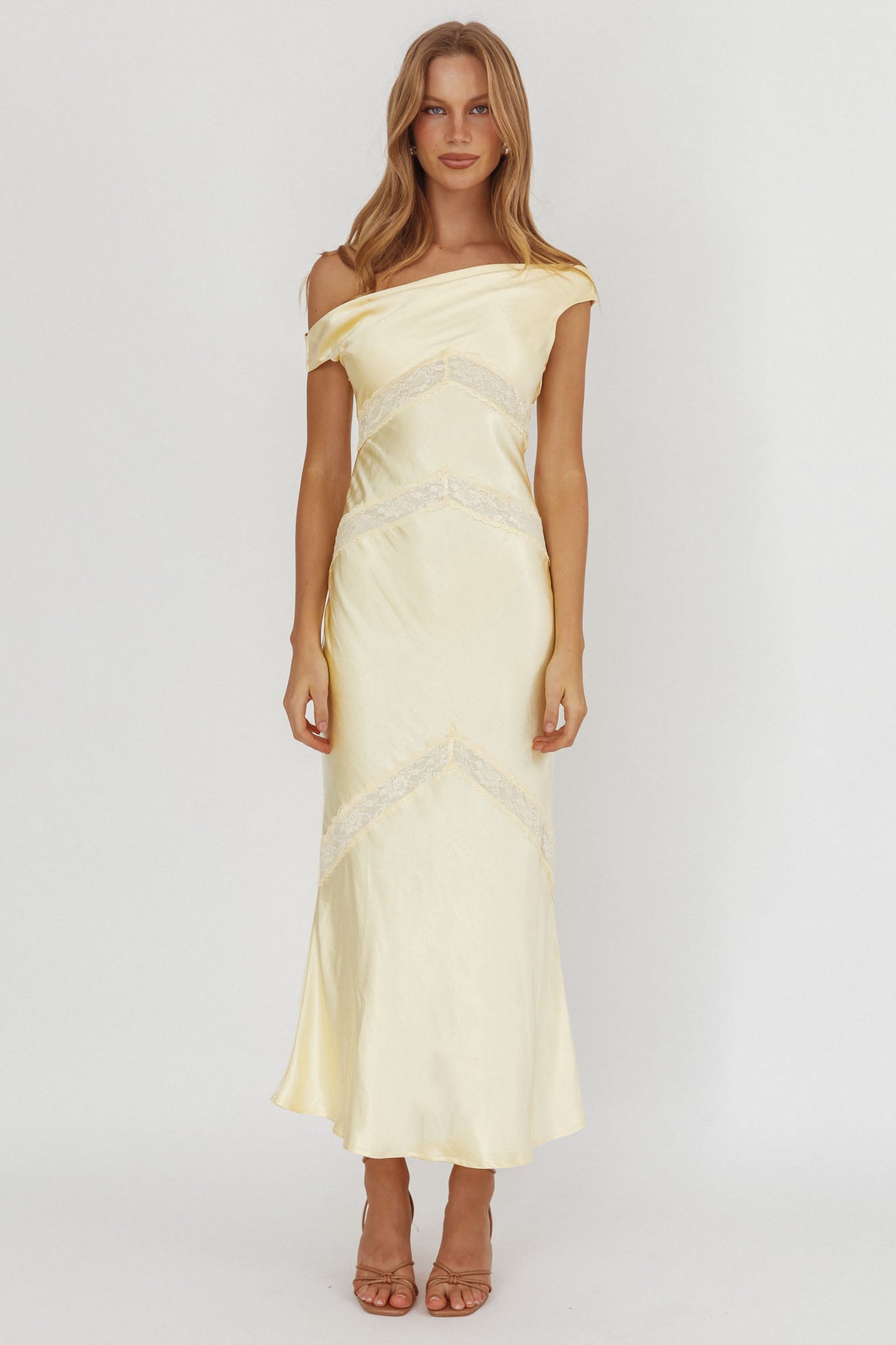 Revelation Off-Shoulder Lace Trim Maxi Dress Butter by Selfie Leslie
