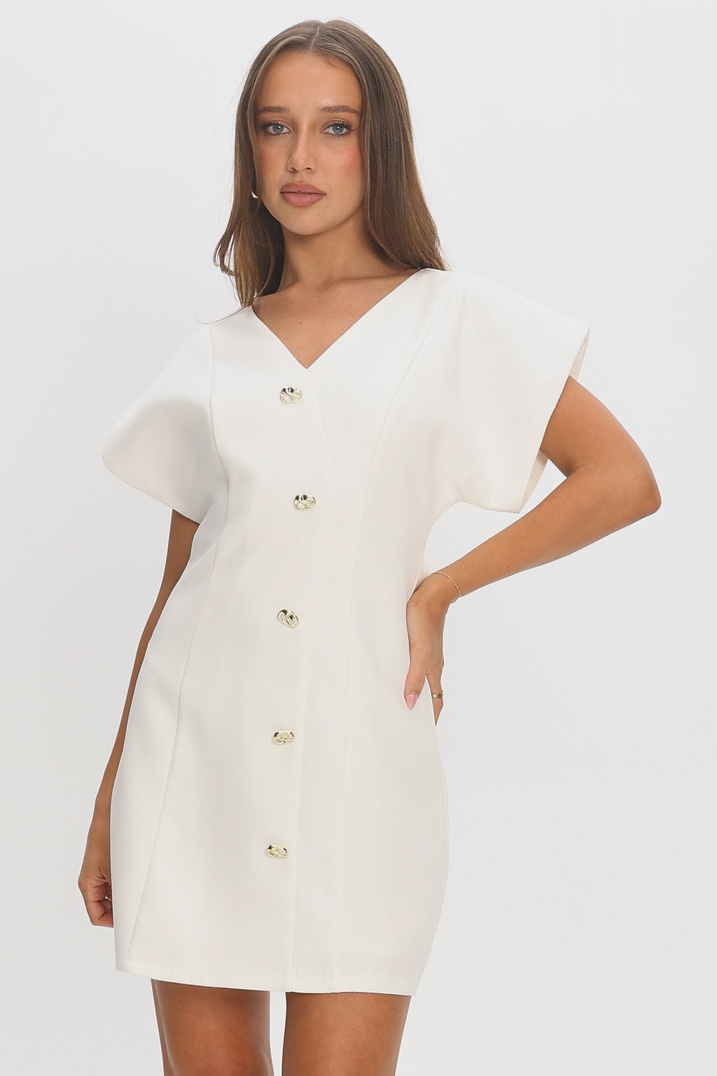 Chiana Gold Button Mini Dress White Chiana Gold Button Mini Dress White