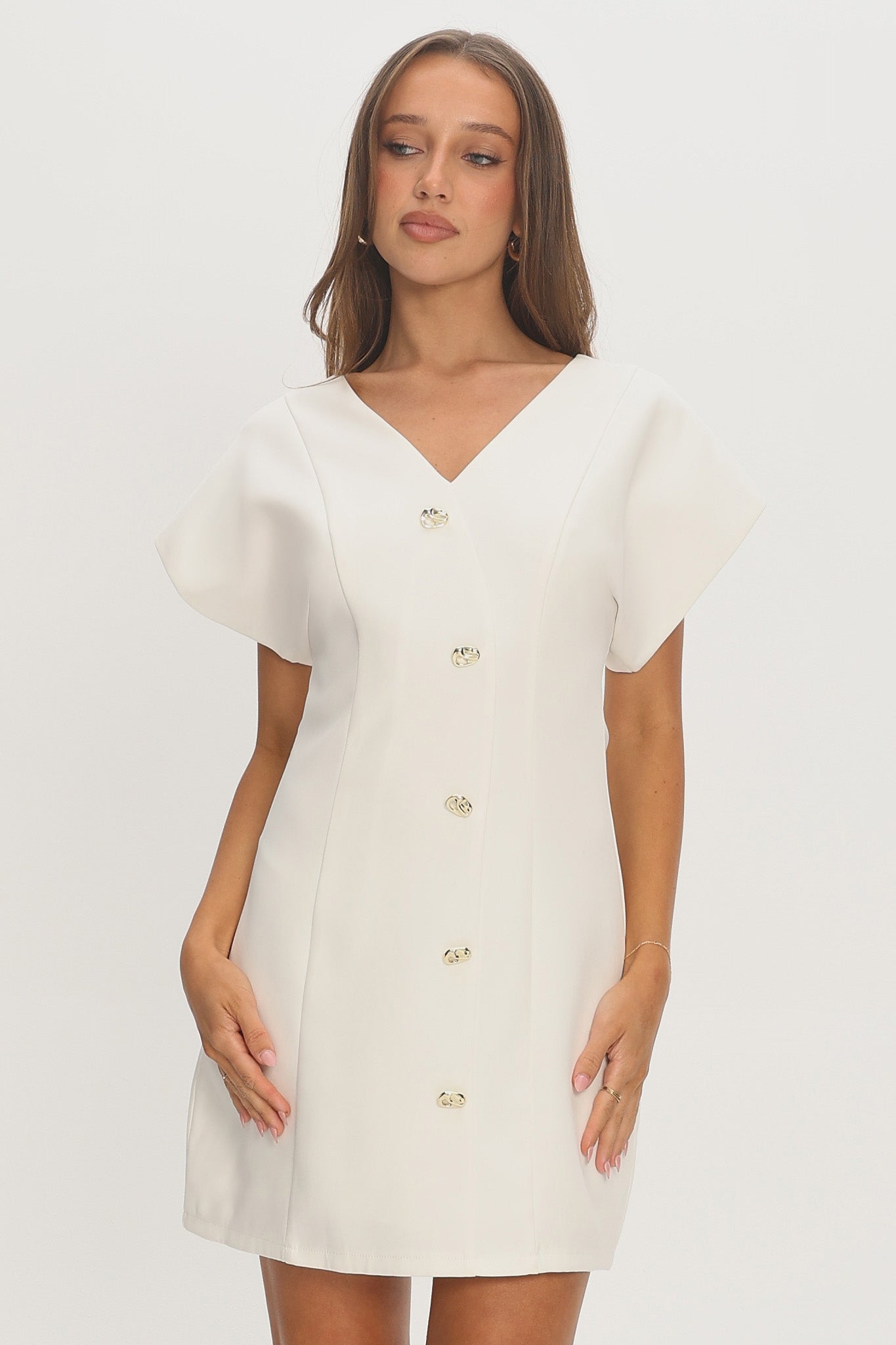 Chiana Gold Button Mini Dress White