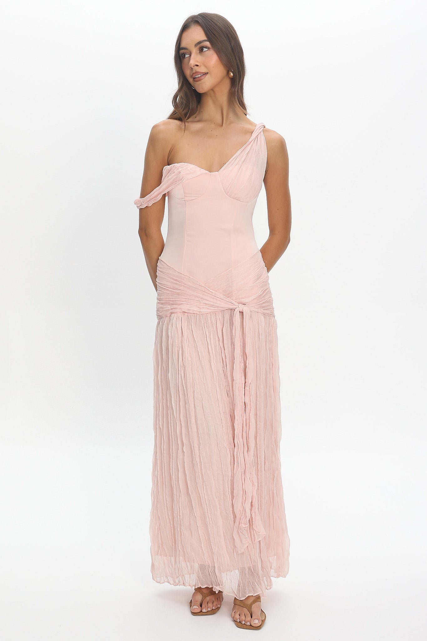 Keia Crepe Chiffon One-Shoulder Maxi Dress Light Pink | Selfie Leslie