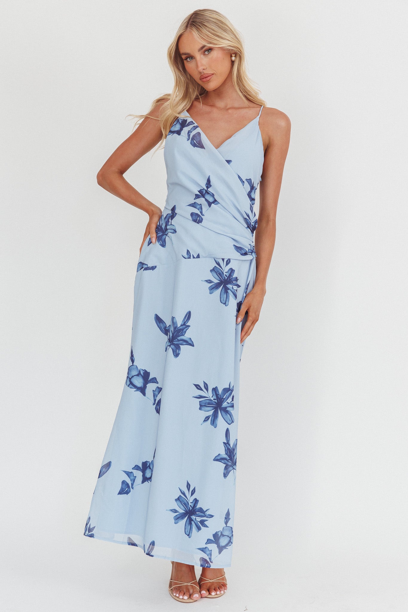Lexxi Crossover Gathered Waist Maxi Dress Floral Blue Lexxi Crossover Gathered Waist Maxi Dress Floral Blue