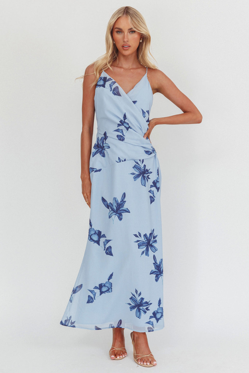 Lexxi Crossover Gathered Waist Maxi Dress Floral Blue by Selfie Leslie