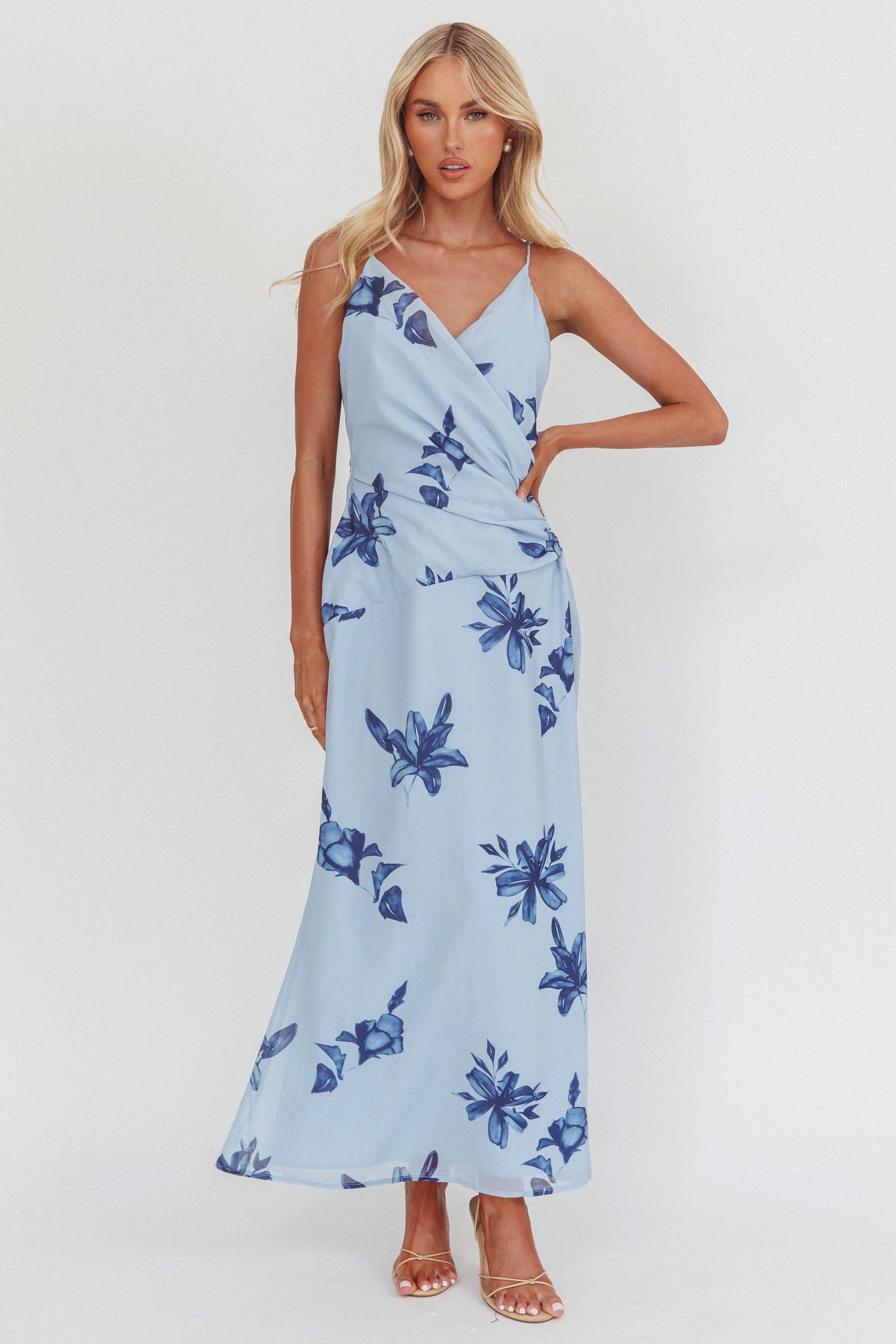 Lexxi Crossover Gathered Waist Maxi Dress Floral Blue by Selfie Leslie