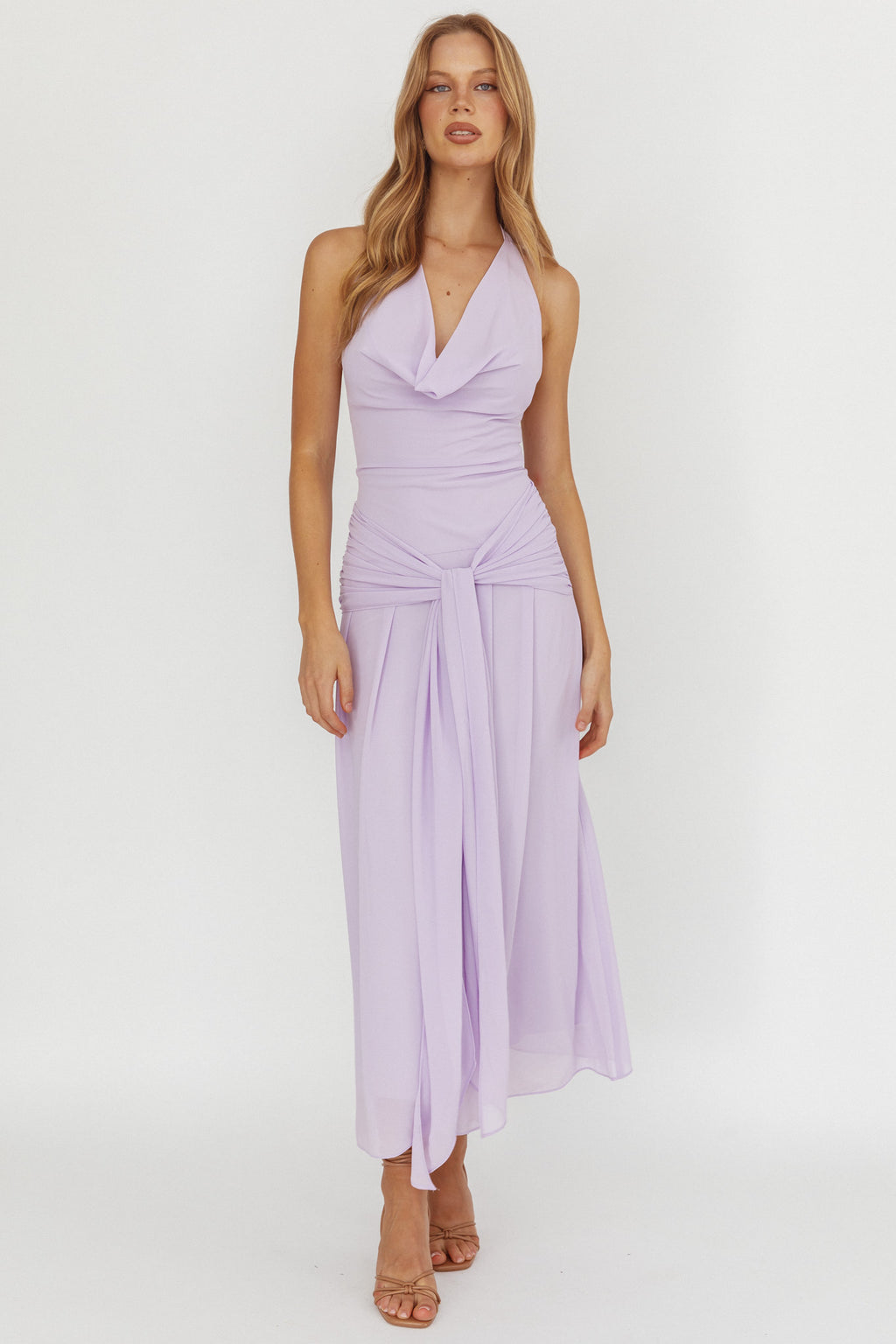Maretha Cowl Halterneck Maxi Dress Lilac by Selfie Leslie