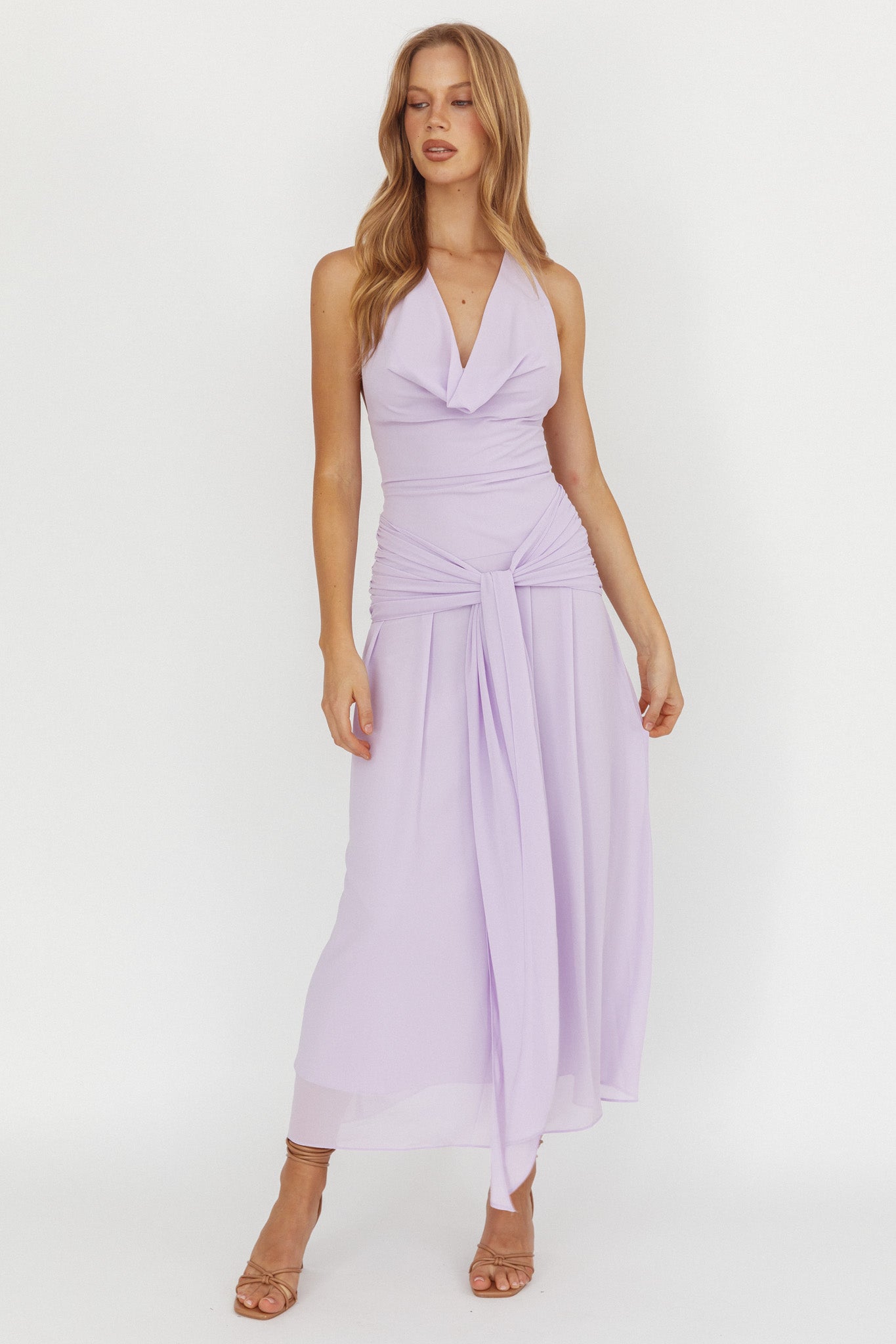 Maretha Cowl Halterneck Maxi Dress Lilac by Selfie Leslie