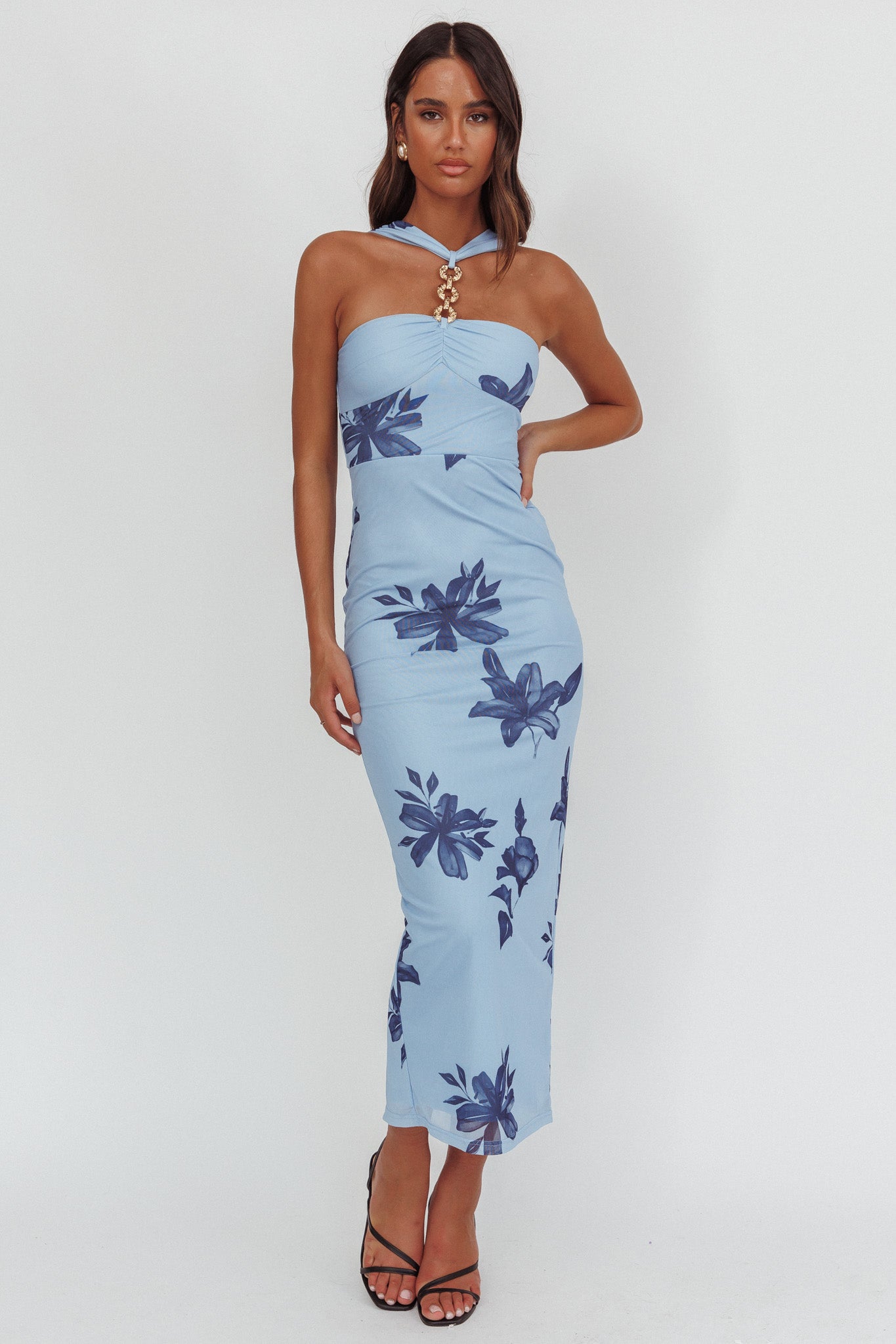 Maretha Gold Link Neckline Maxi Dress Lily Blue by Selfie Leslie