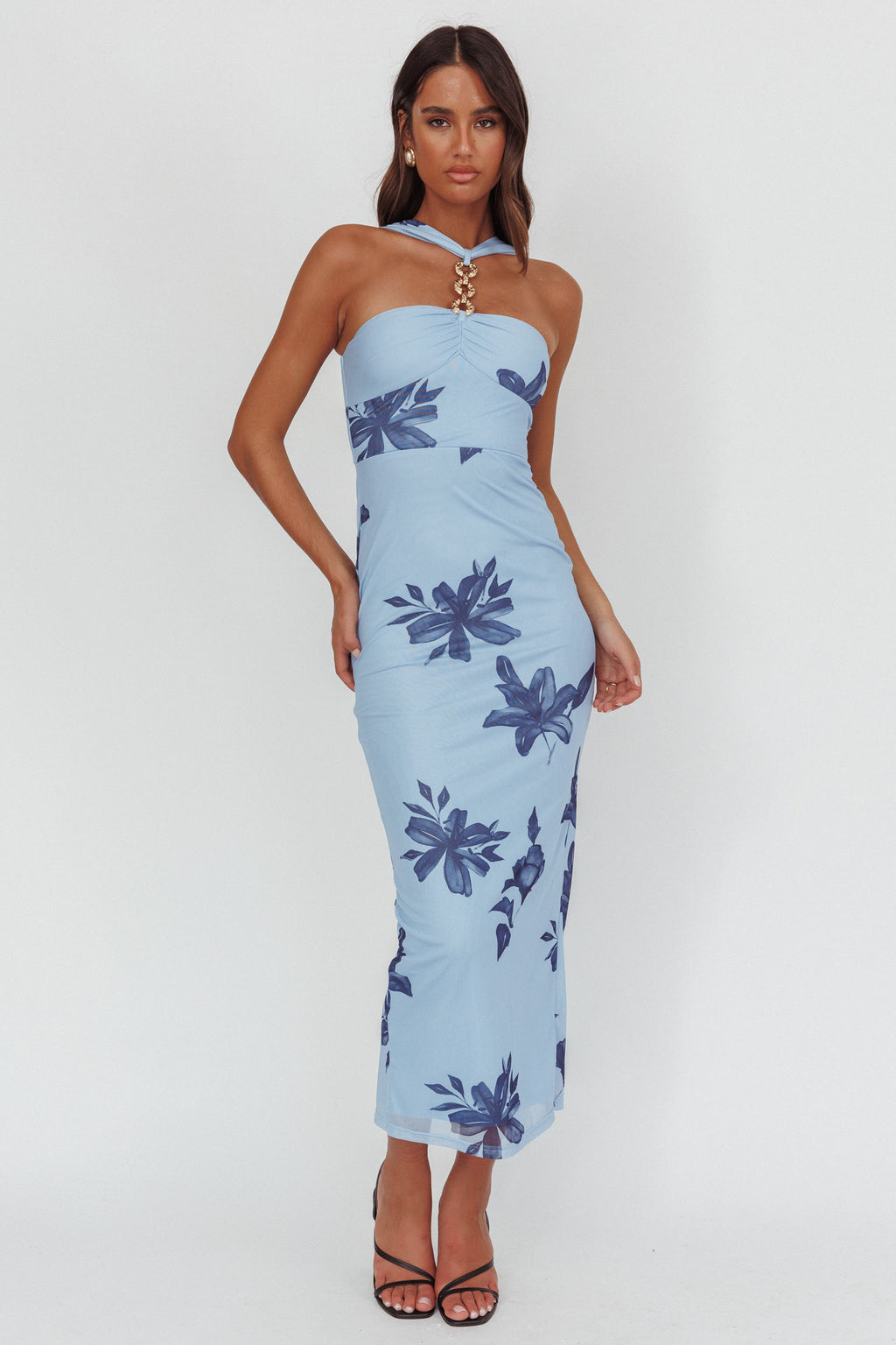Maretha Gold Link Neckline Maxi Dress Lily Blue by Selfie Leslie