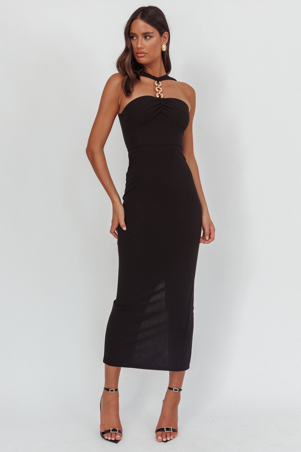 Maretha Gold Link Neckline Maxi Dress Black by Selfie Leslie