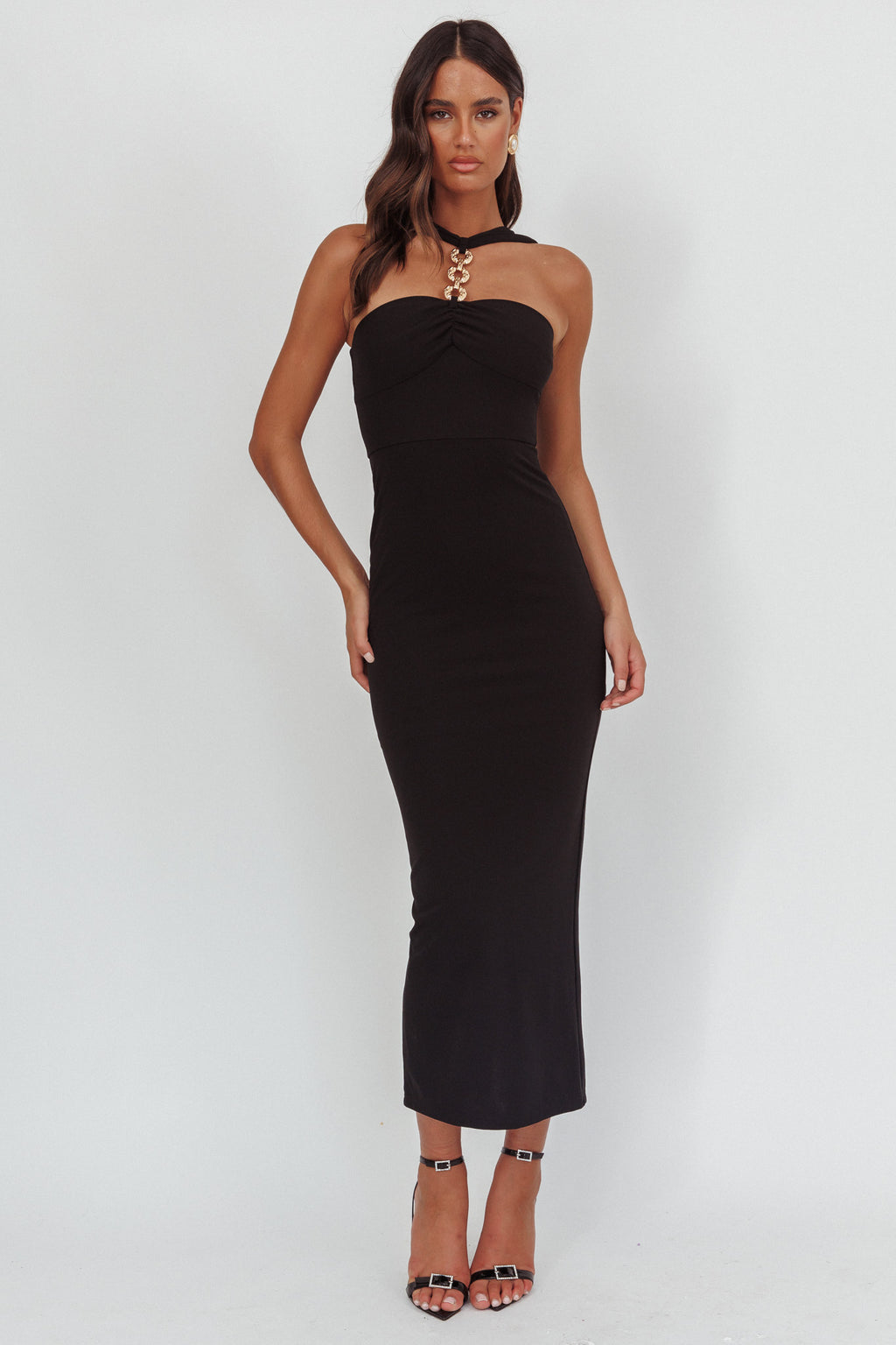 Maretha Gold Link Neckline Maxi Dress Black by Selfie Leslie