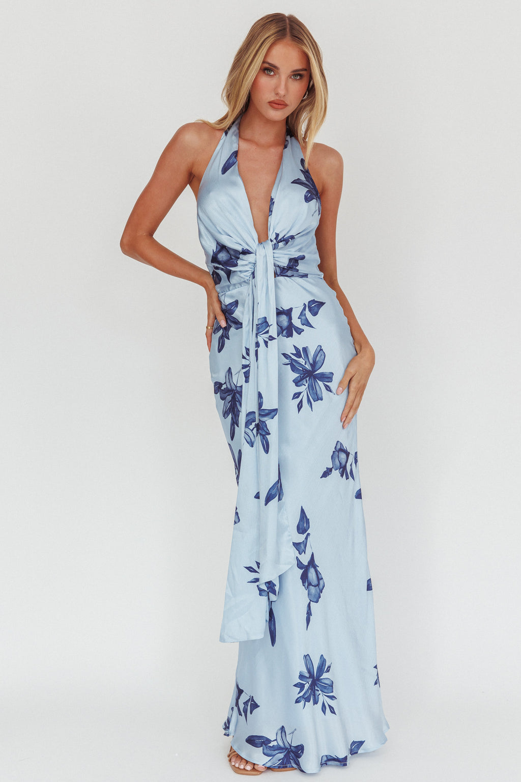 Make Believe Plunging Halterneck Maxi Dress Floral Navy by Selfie Leslie