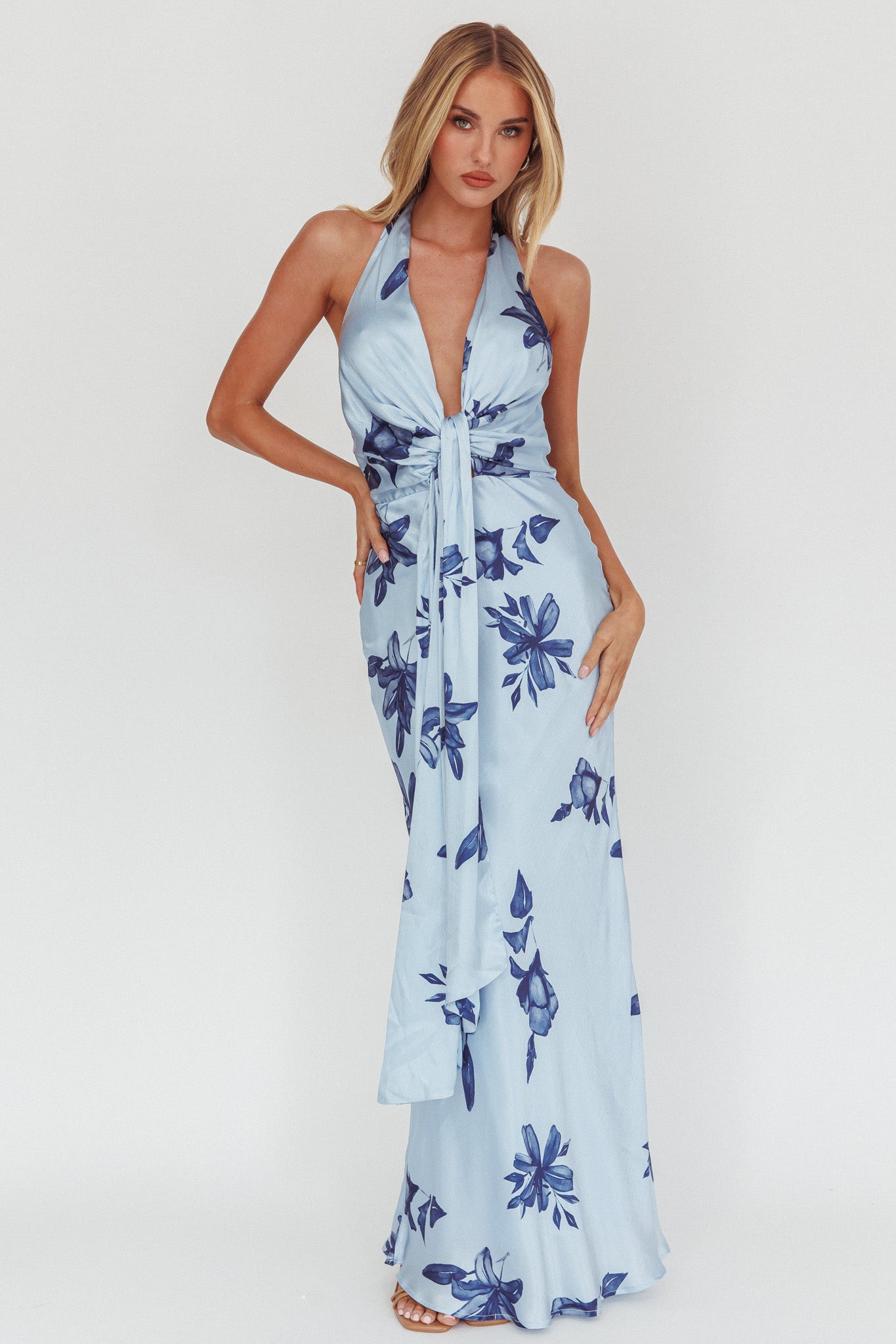 fitted lace wedding dress Make Believe Plunging Halterneck Maxi Dress Floral Navy