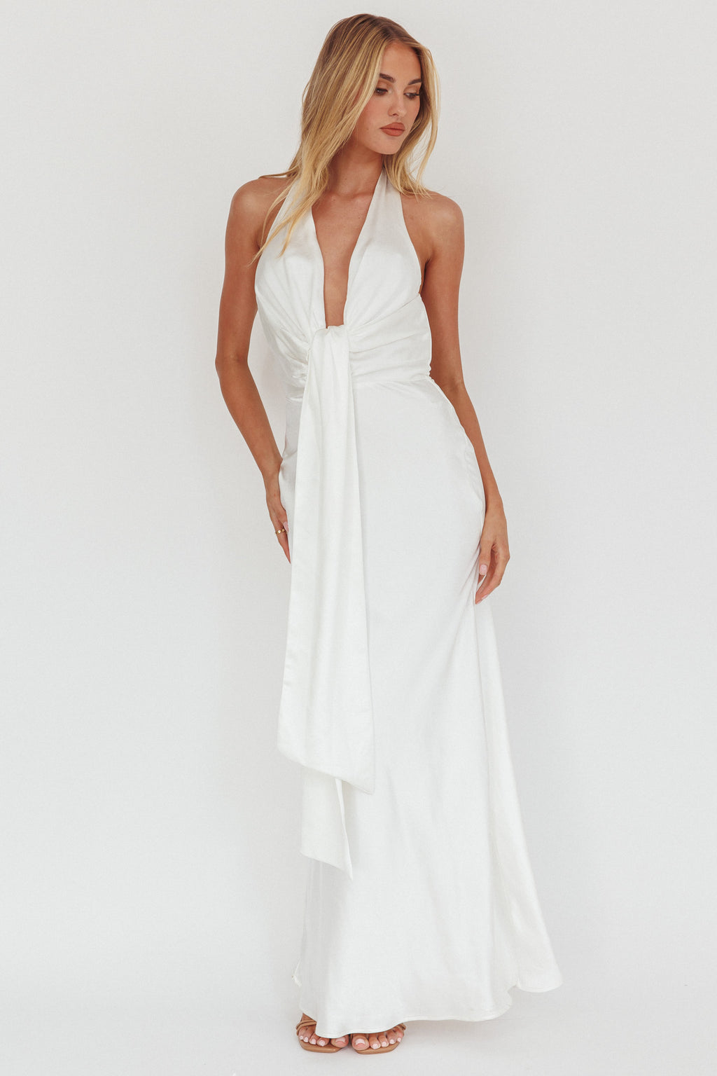 Make Believe Plunging Halterneck Maxi Dress Oyster by Selfie Leslie