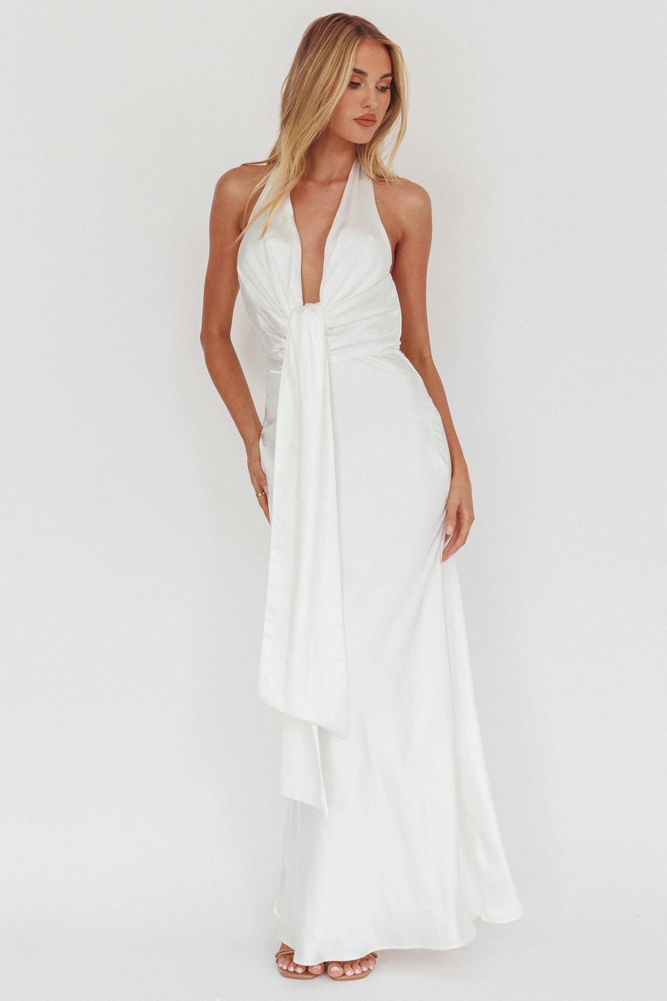 Make Believe Plunging Halterneck Maxi Dress Oyster by Selfie Leslie
