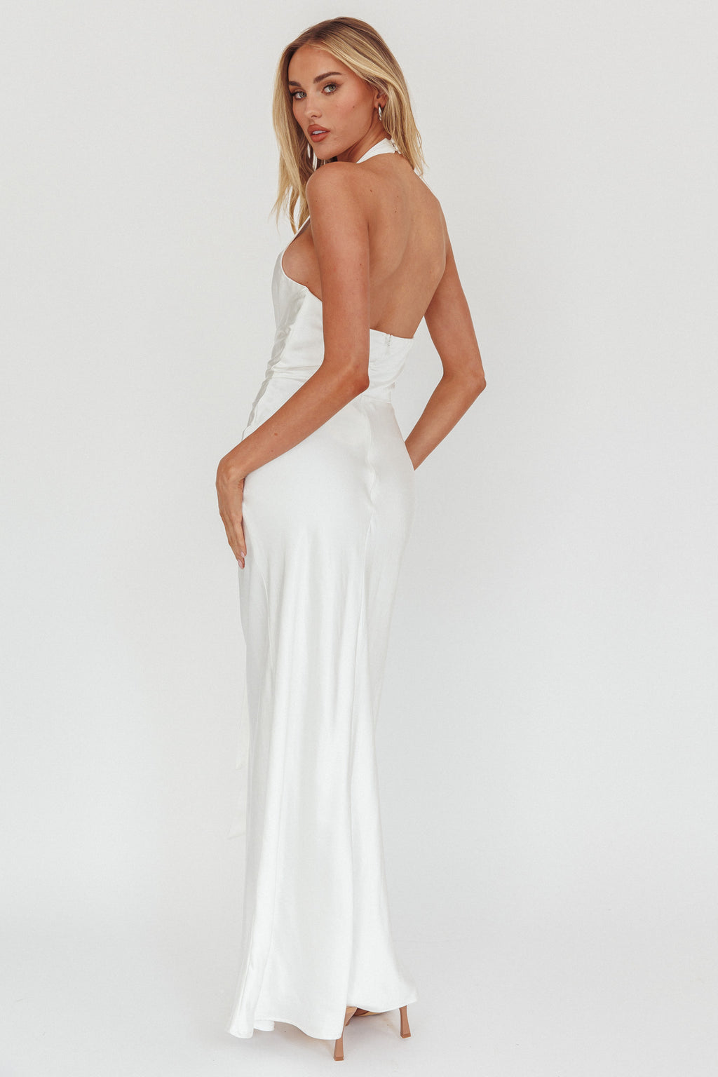 Make Believe Plunging Halterneck Maxi Dress Oyster by Selfie Leslie