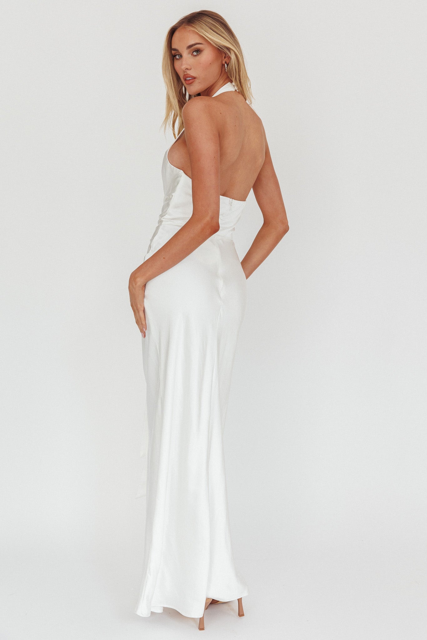 Make Believe Plunging Halterneck Maxi Dress Oyster by Selfie Leslie