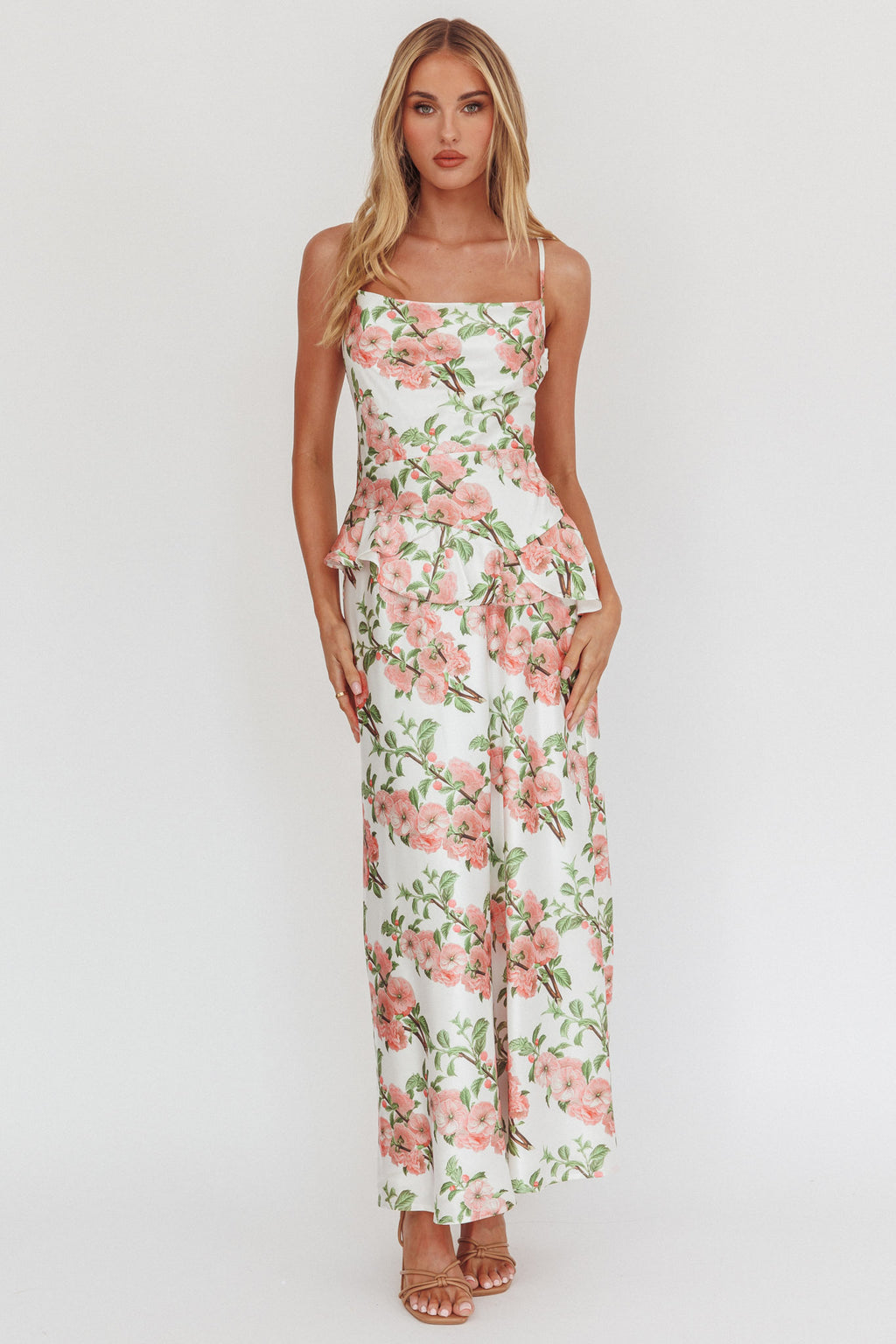 Jerica Ruffle Waist Maxi Dress Floral Blush by Selfie Leslie