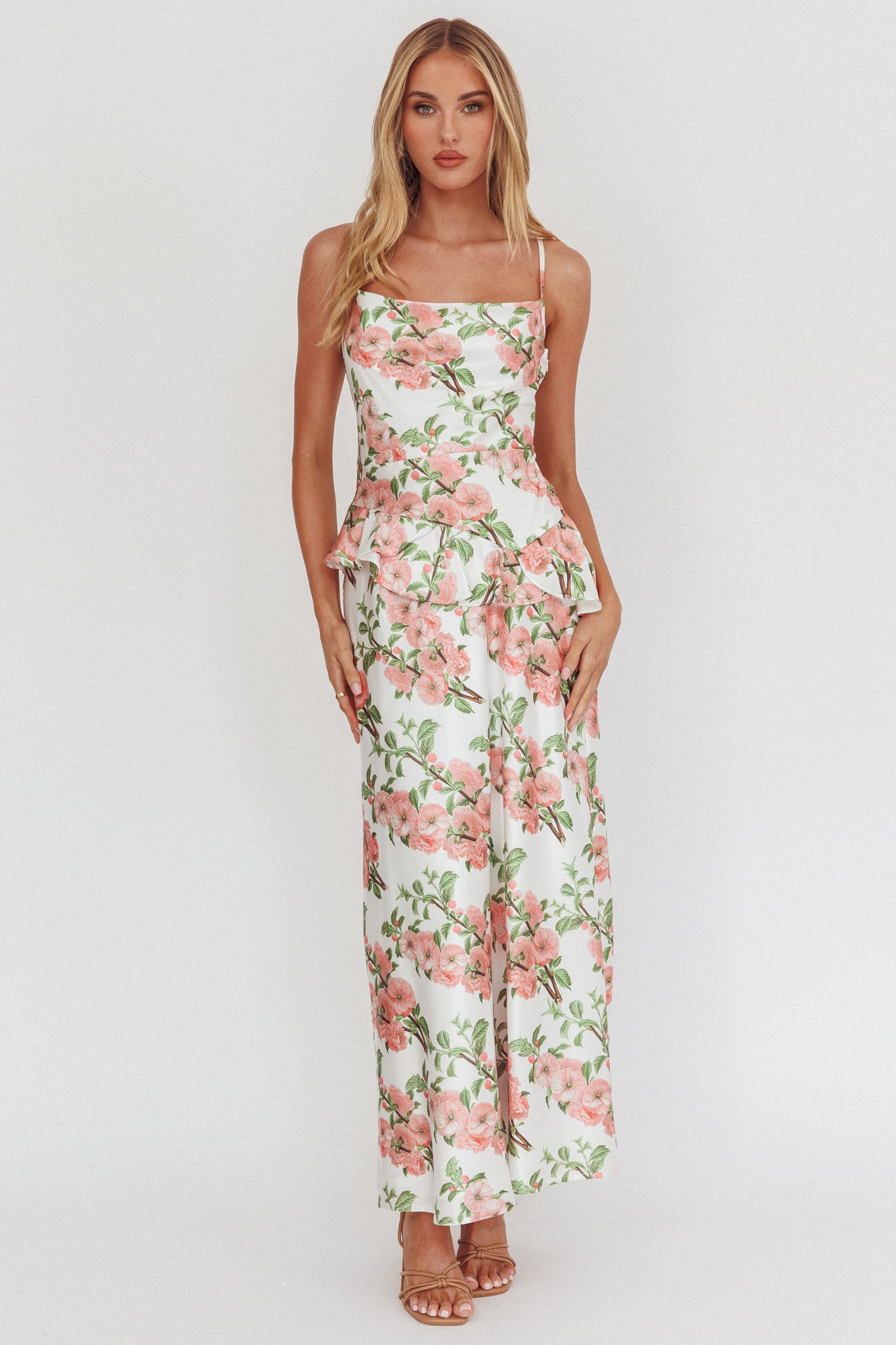 Jerica Ruffle Waist Maxi Dress Floral Blush by Selfie Leslie